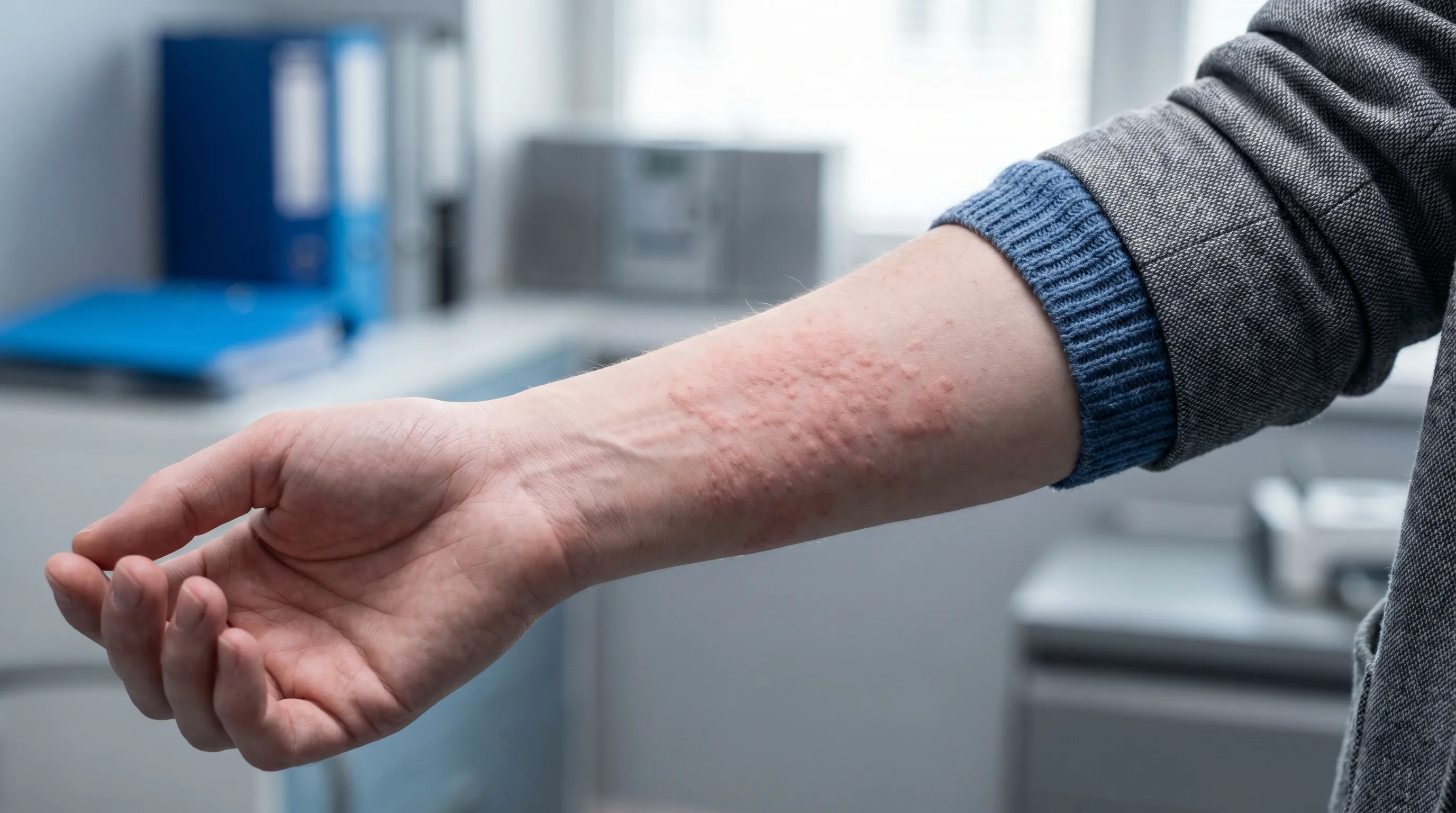 A close-up of red, raised welts characteristic of urticaria (hives) on a person's skin.