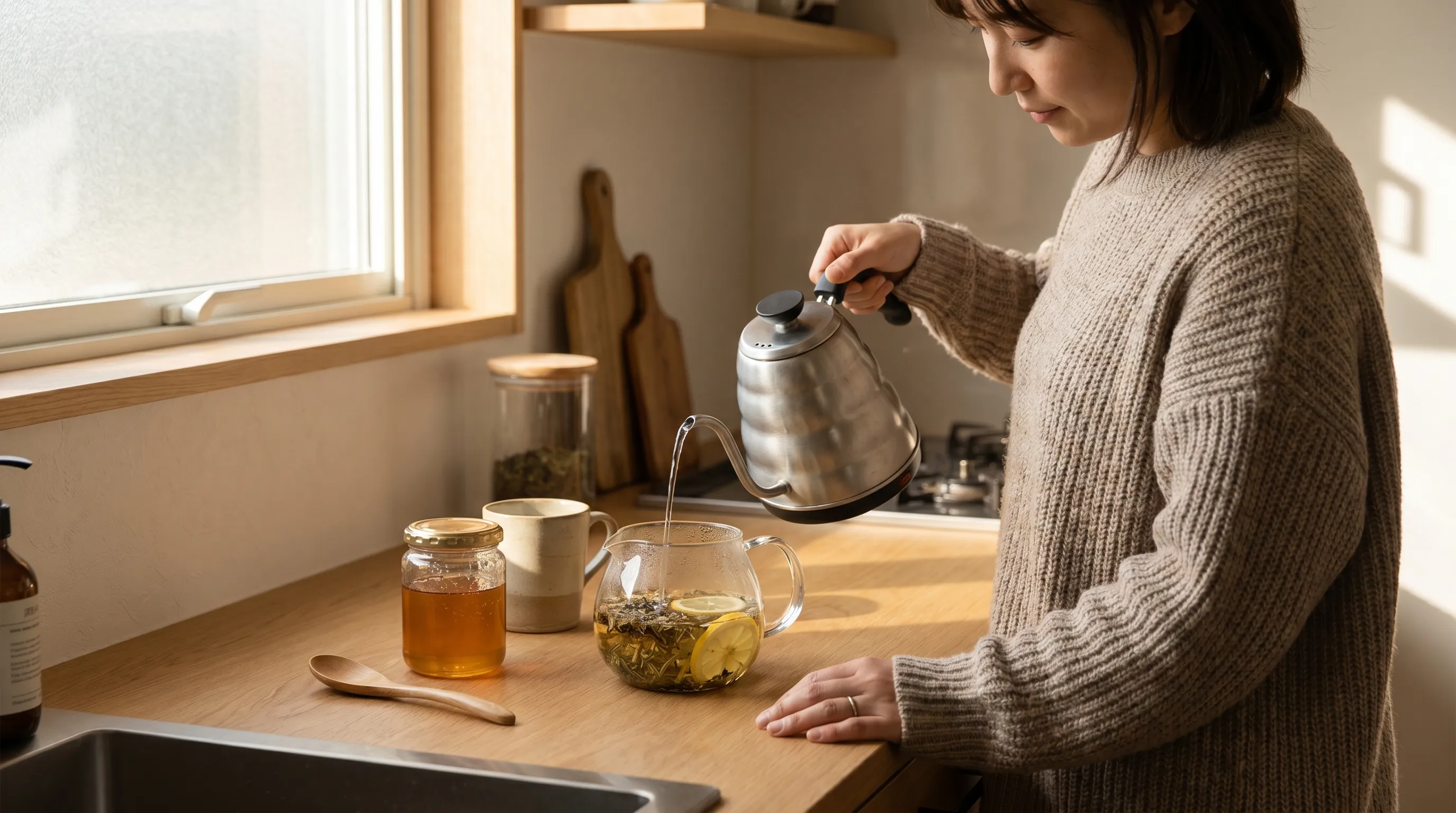 Person preparing a soothing throat relief tea with honey and lemon on a clean kitchen counter, natural lighting