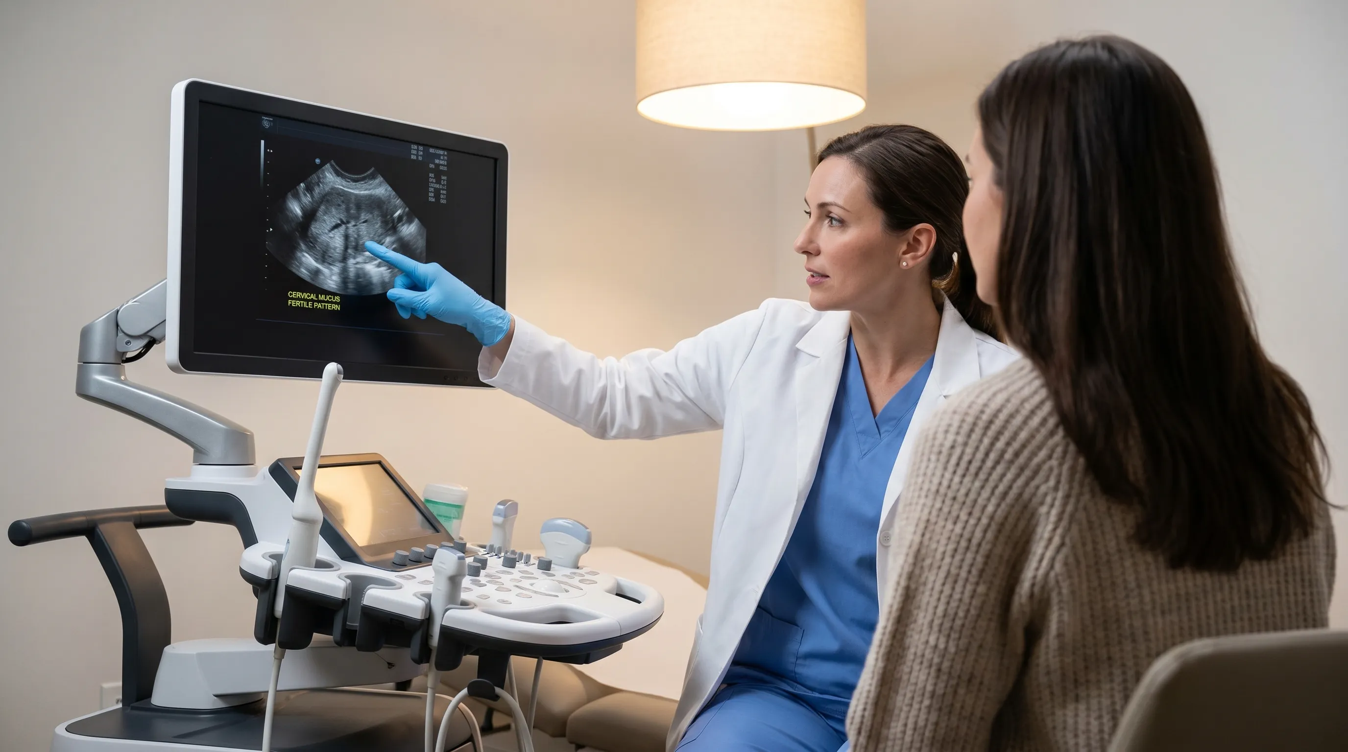 A gynecologist reviewing an ultrasound screen with a patient in a modern clinic