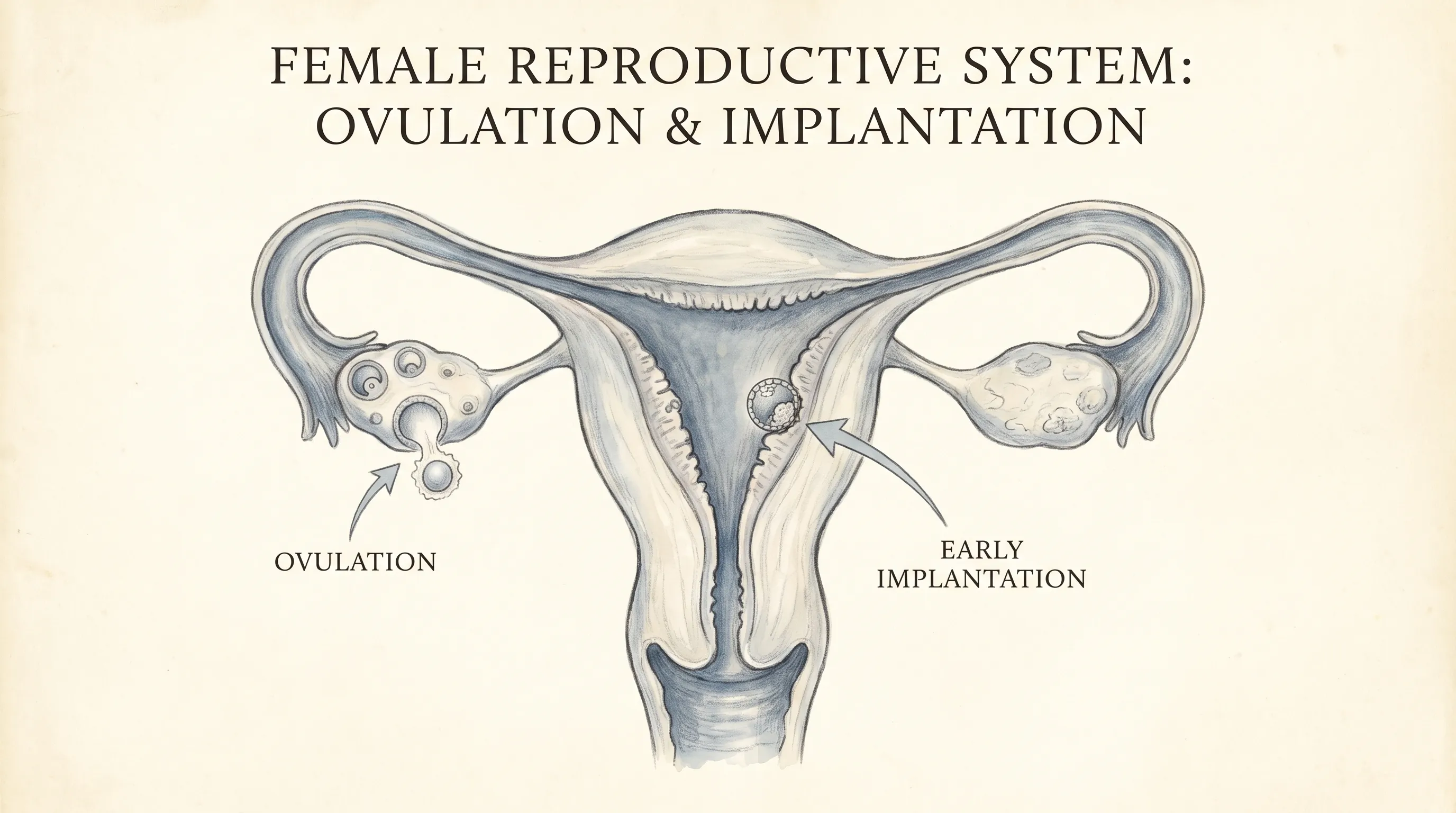 A detailed anatomical illustration highlighting the ovarian cycle phases and corpus luteum development, rendered in soft clinical blues and grays for educational clarity