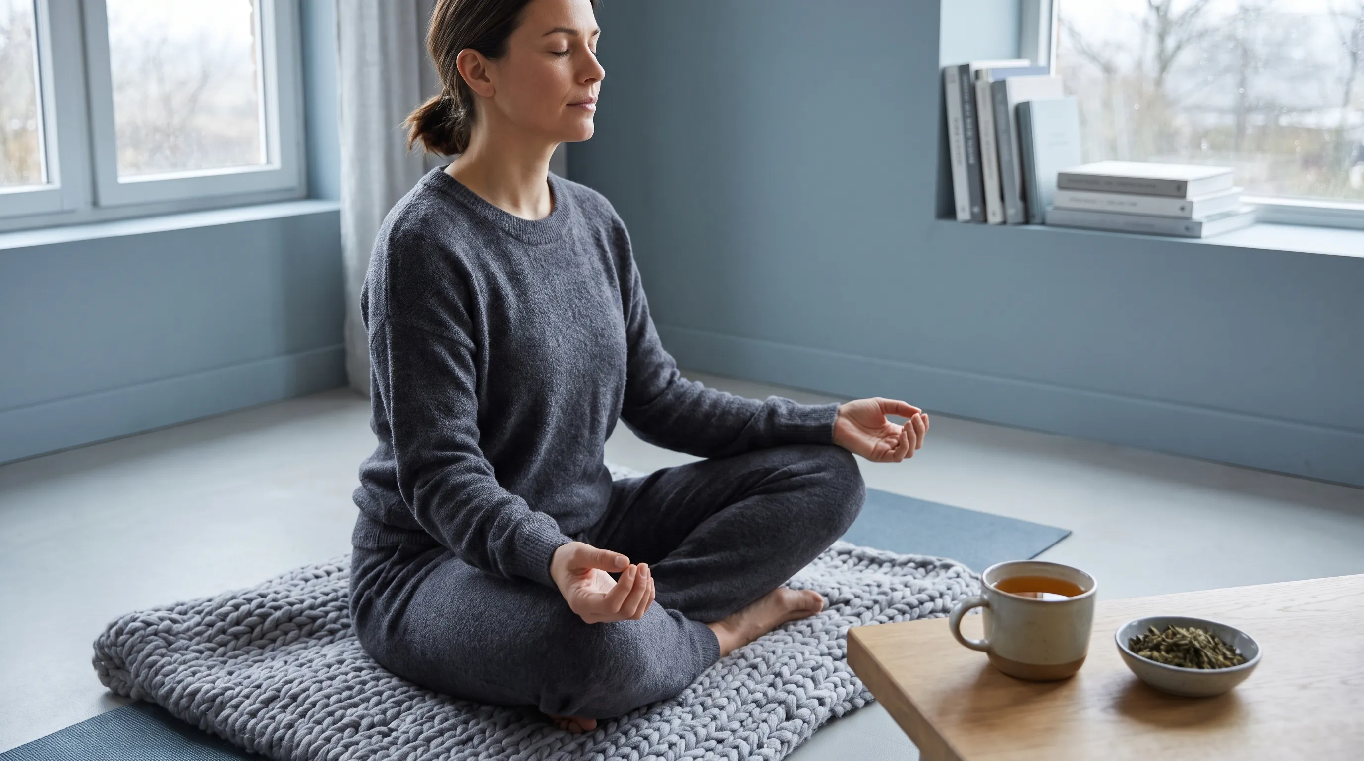 A serene lifestyle scene featuring a woman practicing gentle morning yoga in a softly lit room, with herbal tea and a fertility journal nearby, emphasizing mindfulness and balanced wellness