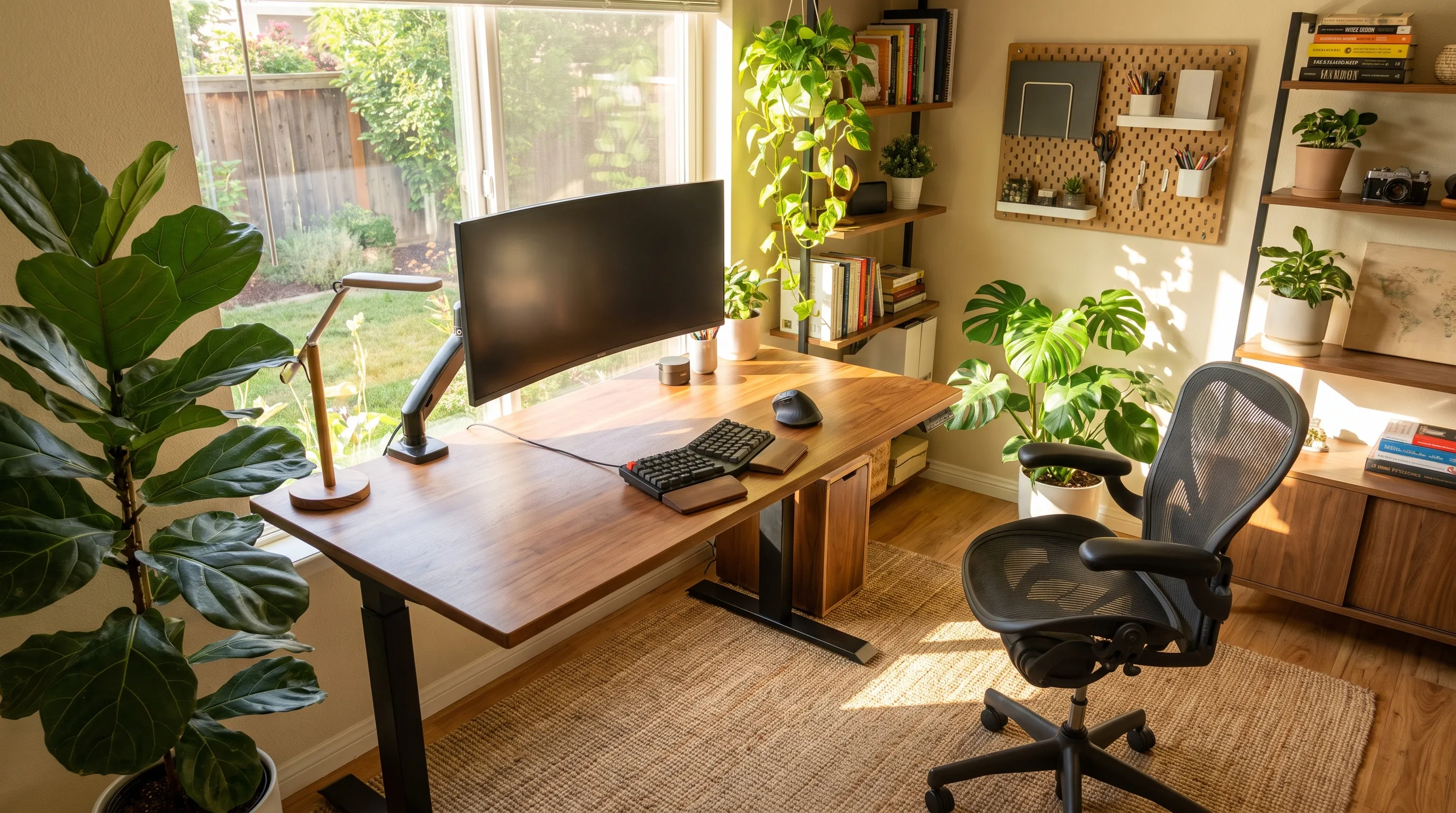 A well-lit, ergonomic home office setup with natural plants and organized workspace