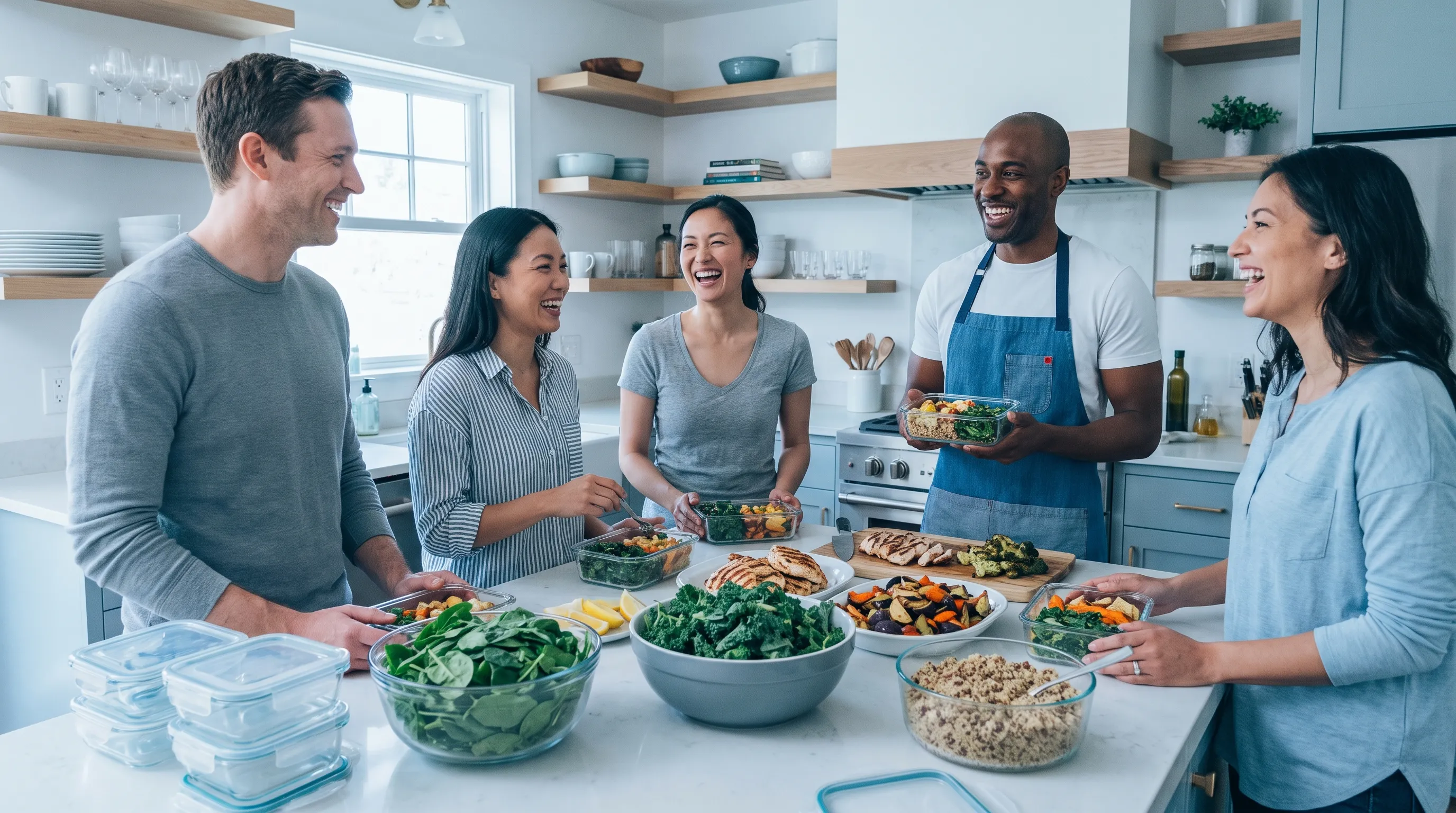 A diverse group of adults happily preparing weekly meal prep containers in a spacious, well-organized kitchen, featuring fresh leafy greens, lean proteins, and whole grains, photographed in natural daylight with soft gray and blue color grading
