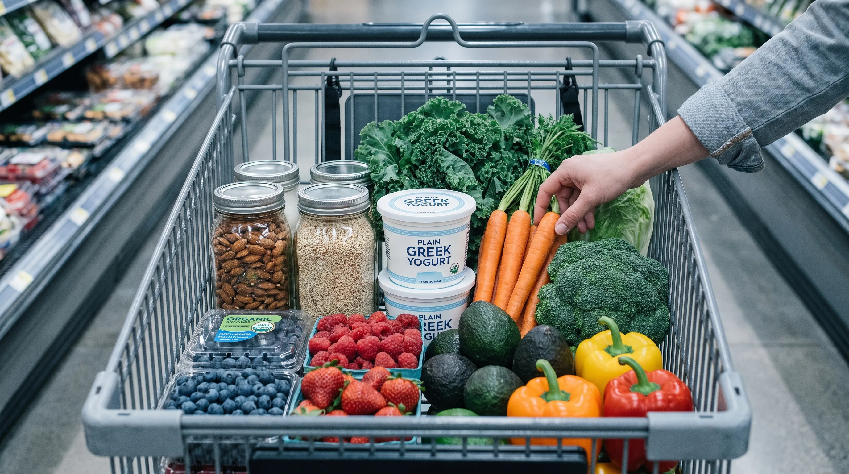 A neatly arranged grocery cart in a well-lit supermarket aisle, overflowing with nutrient-dense whole foods including berries, almonds, quinoa, Greek yogurt, and seasonal vegetables