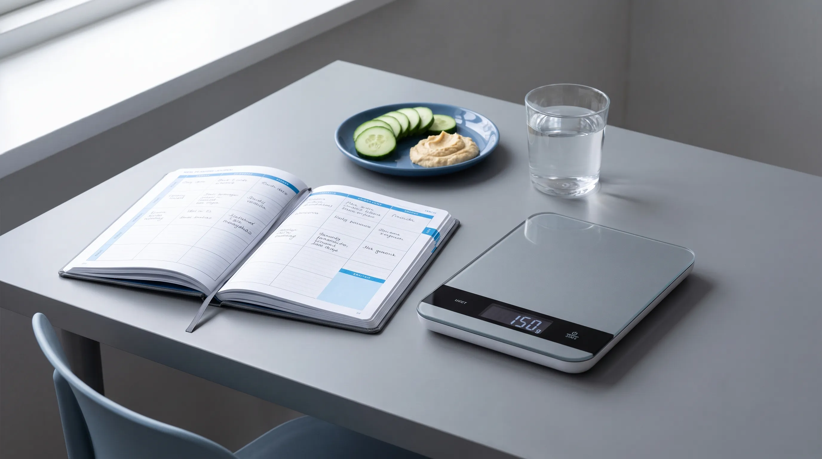 A minimalist workspace featuring an open meal planning journal, a digital food scale, a glass of water, and a small plate of sliced cucumber and hummus, captured in soft natural lighting