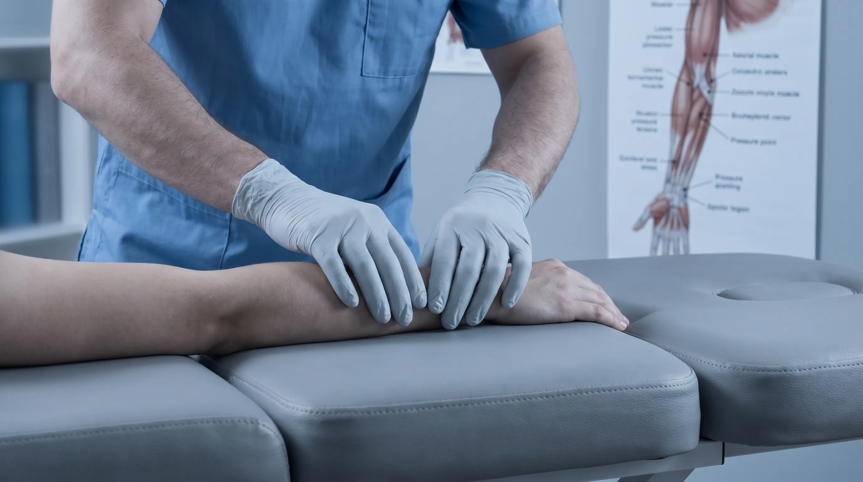 Close-up professional photograph of a therapist's hands performing gentle myofascial release on a patient's forearm, highlighting anatomical pressure points, clinical setting, gray and blue lighting tones