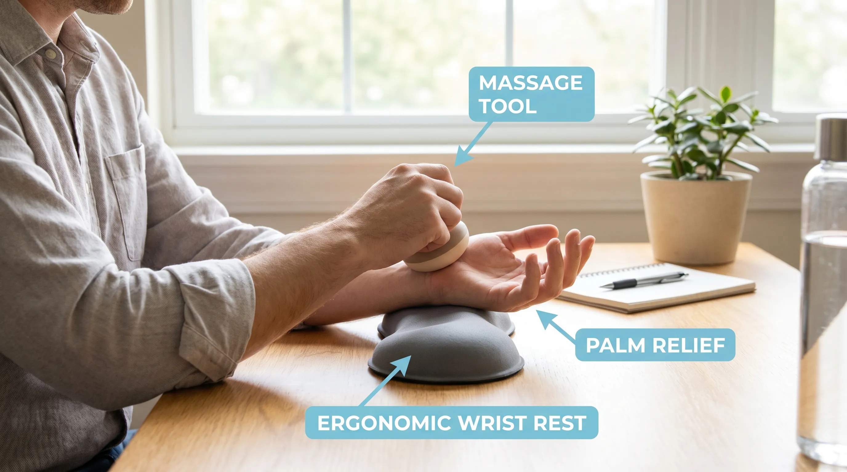 Detailed instructional visual of a person seated at a desk using a massage tool on their wrist and palm, with ergonomic wrist rest visible, soft natural daylight, health-focused aesthetic