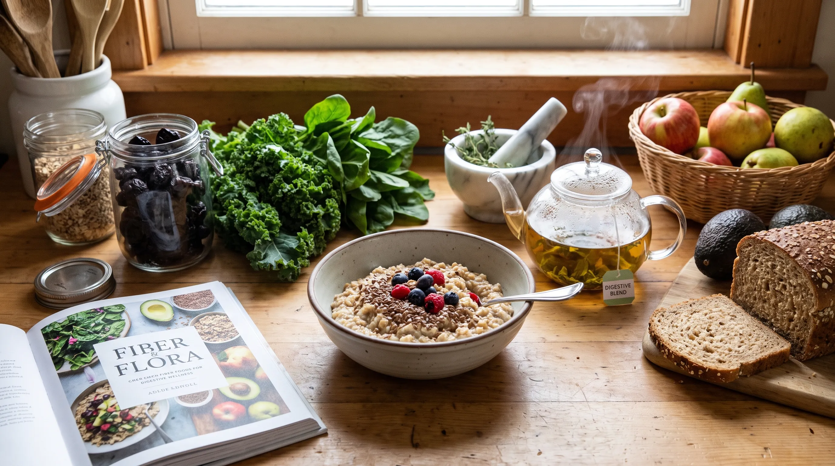 Fruits frais, légumes et compléments d’hydratation disposés sur un plan de travail de cuisine pour soutenir la santé intestinale