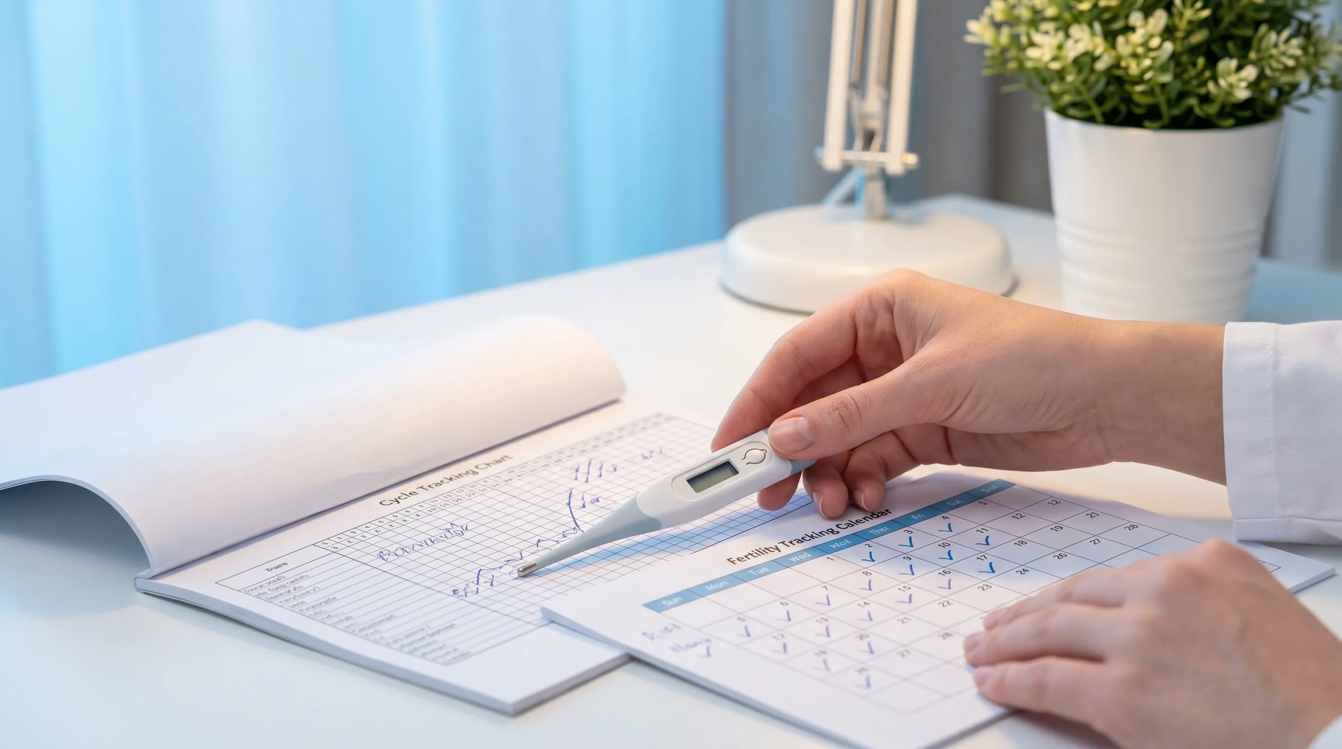 Woman carefully logging cycle data in a journal beside a digital fertility tracker