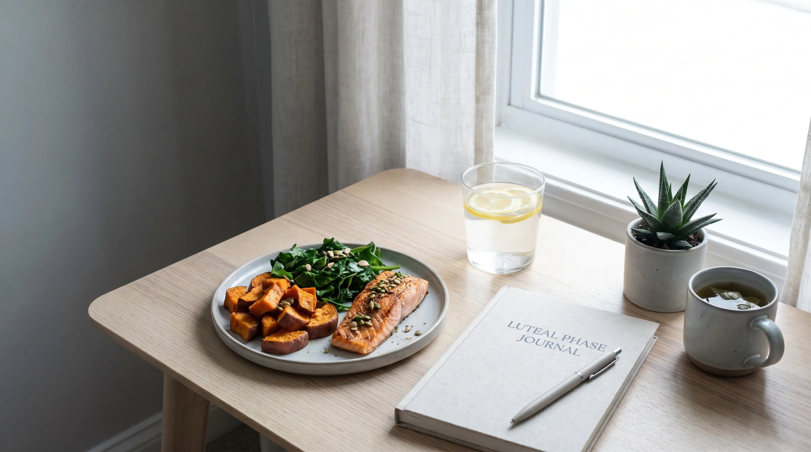 Balanced meal planning setup with hydration, fertility journal, and nutritional supplements on a clean desk