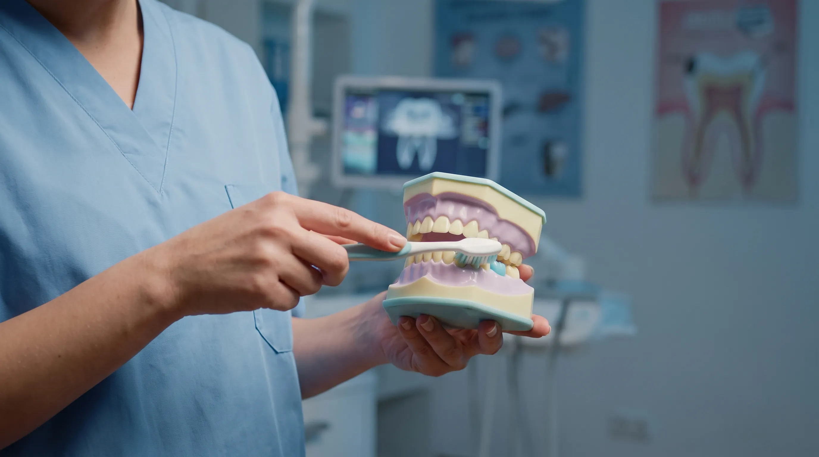 A person carefully applying a natural anti-inflammatory mouth rinse while looking into a modern bathroom mirror, clean aesthetic with gray and blue tones, wellness photography style