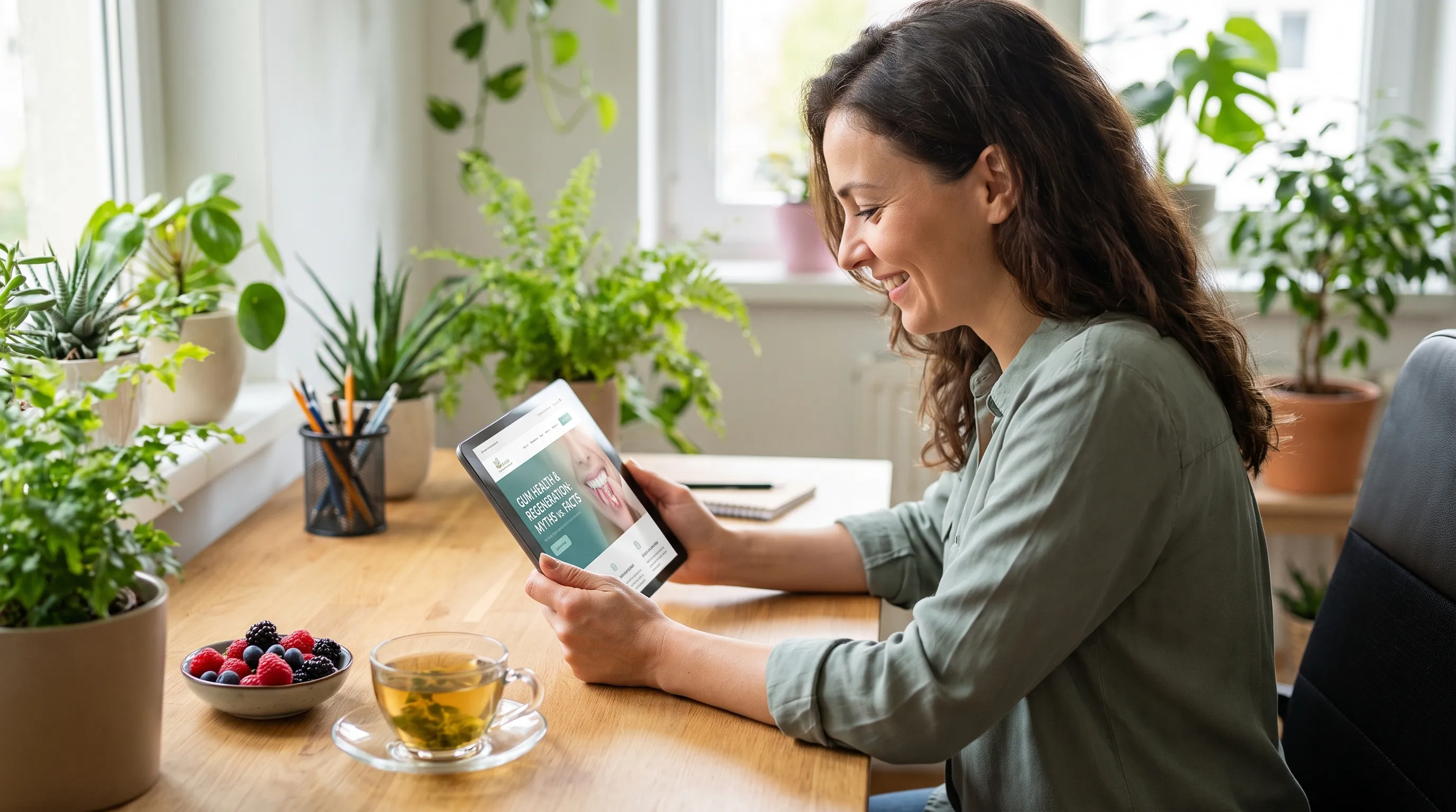 A smiling individual reviewing a personalized dental care plan with a clinician in a modern wellness clinic, professional gray and blue lighting, educational health photography style