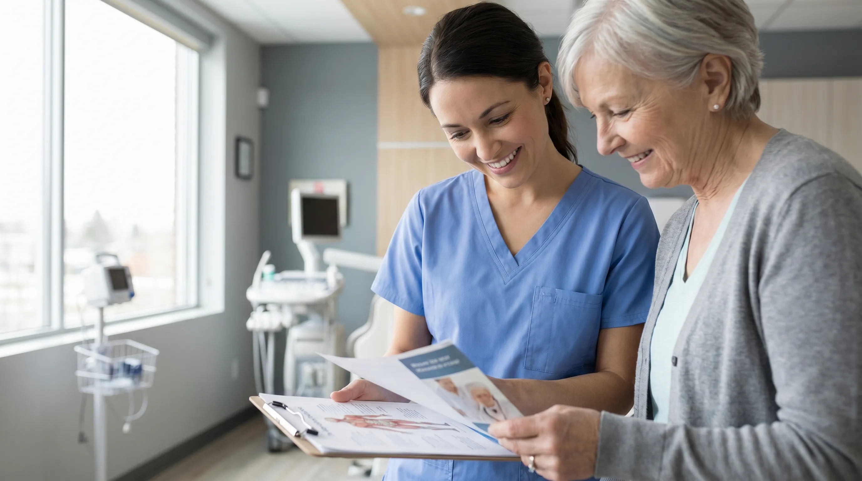 A close-up lifestyle photograph of a healthcare professional and a patient reviewing educational materials on a clipboard in a well-lit modern clinic, soft blue and gray color palette, 4:3 ratio