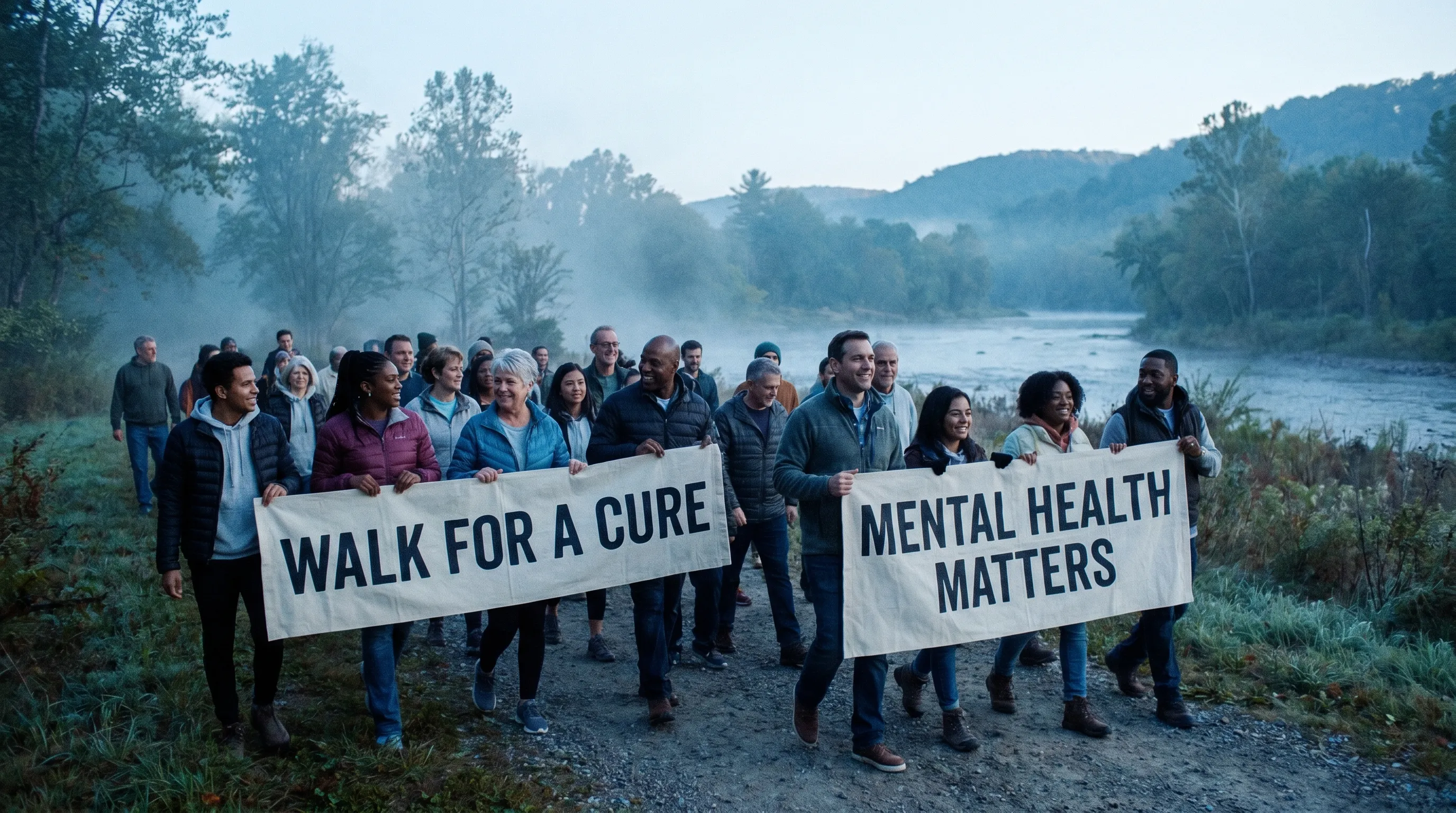 A group of diverse individuals participating in an outdoor charity walk at dawn, holding awareness banners, natural lighting with cool blue tones, 4:3 ratio