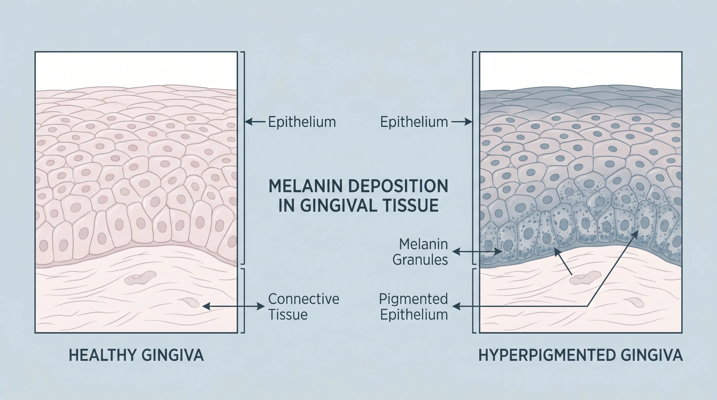 Medically accurate educational illustration showing healthy gingival tissue alongside hyperpigmented gum tissue, highlighting melanin deposition in the epithelial layers
