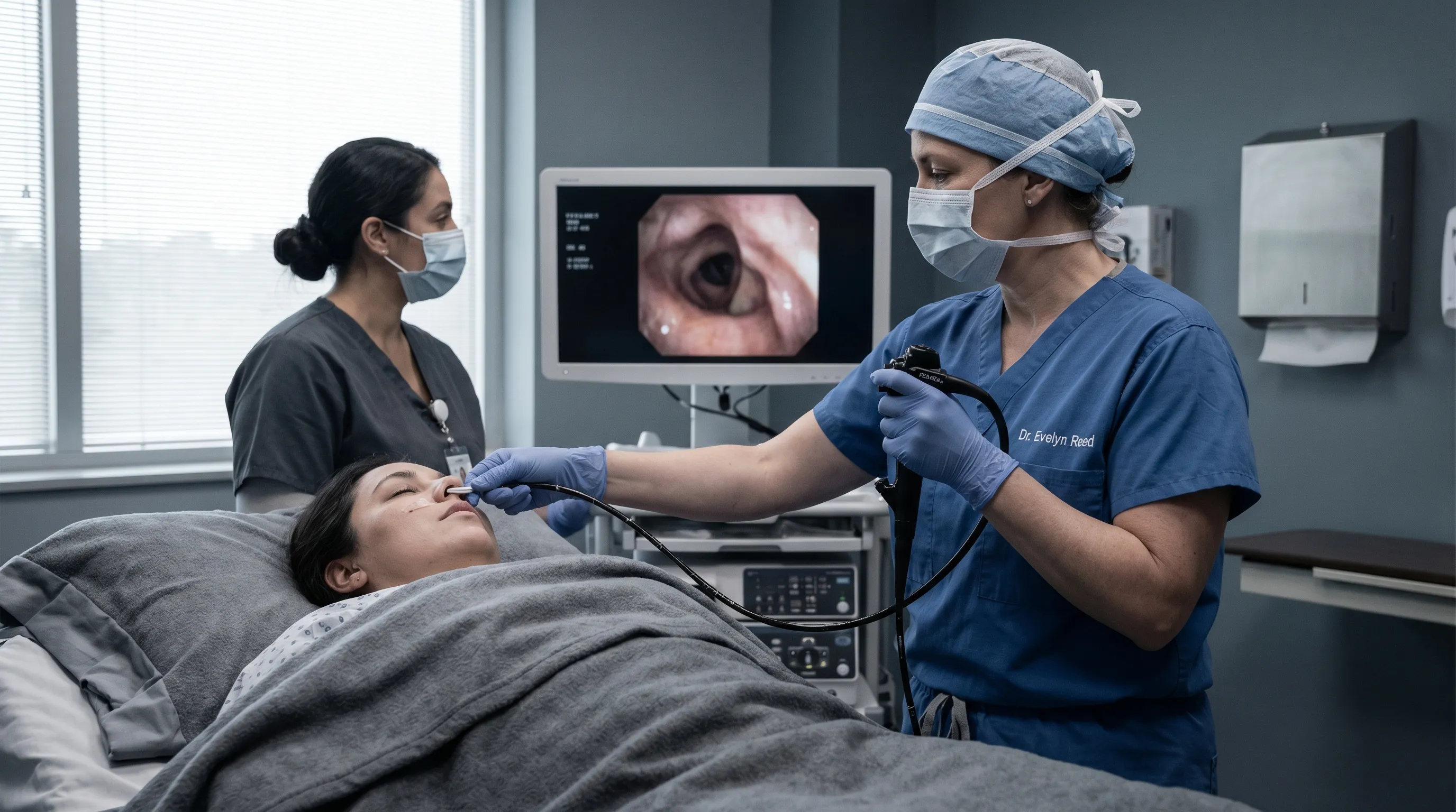 A doctor performs a fiberoptic bronchoscopy on a sedated patient, gently inserting the thin, flexible bronchoscope to examine the airways.
