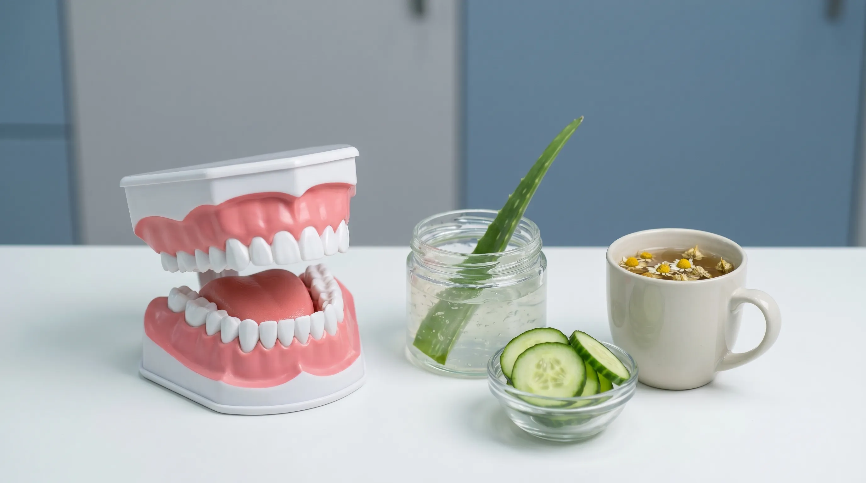 Close-up medical model showing healthy oral tissue structure next to soothing natural ingredients like cucumber slices, aloe vera, and chamomile tea on a clean clinical surface