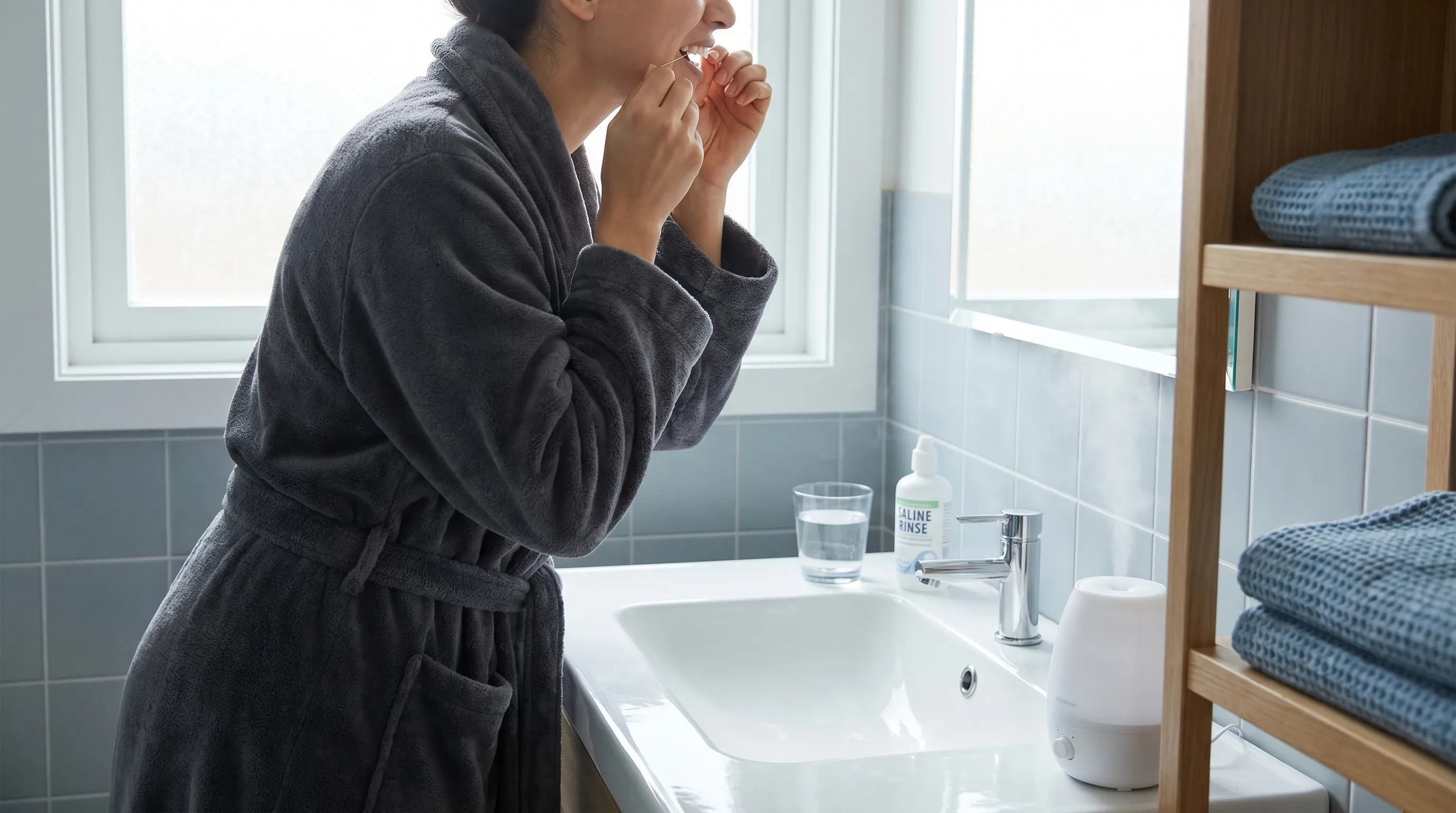 Person practicing oral care and hydration routines with a glass of water, saline solution, and humidifier in a calm, modern bathroom environment