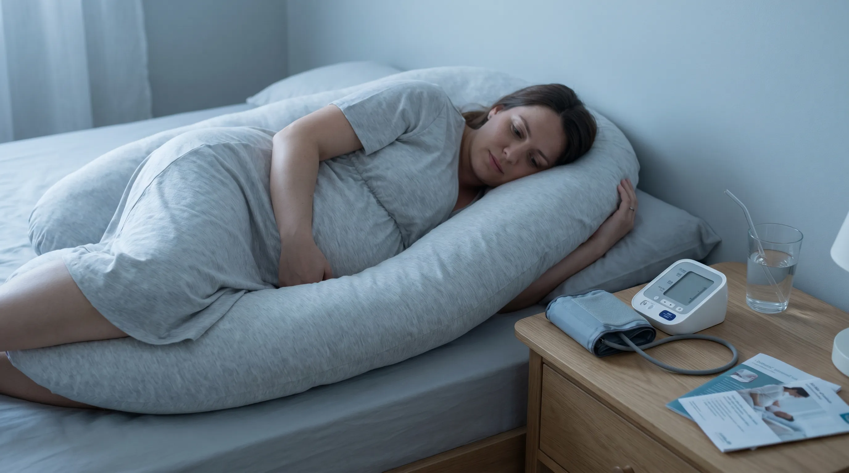 A pregnant woman in a light maternity dress resting on her left side on a supportive pregnancy pillow, with a blood pressure monitor and a glass of water on the bedside table, calm blue-gray lighting, professional medical lifestyle photography style