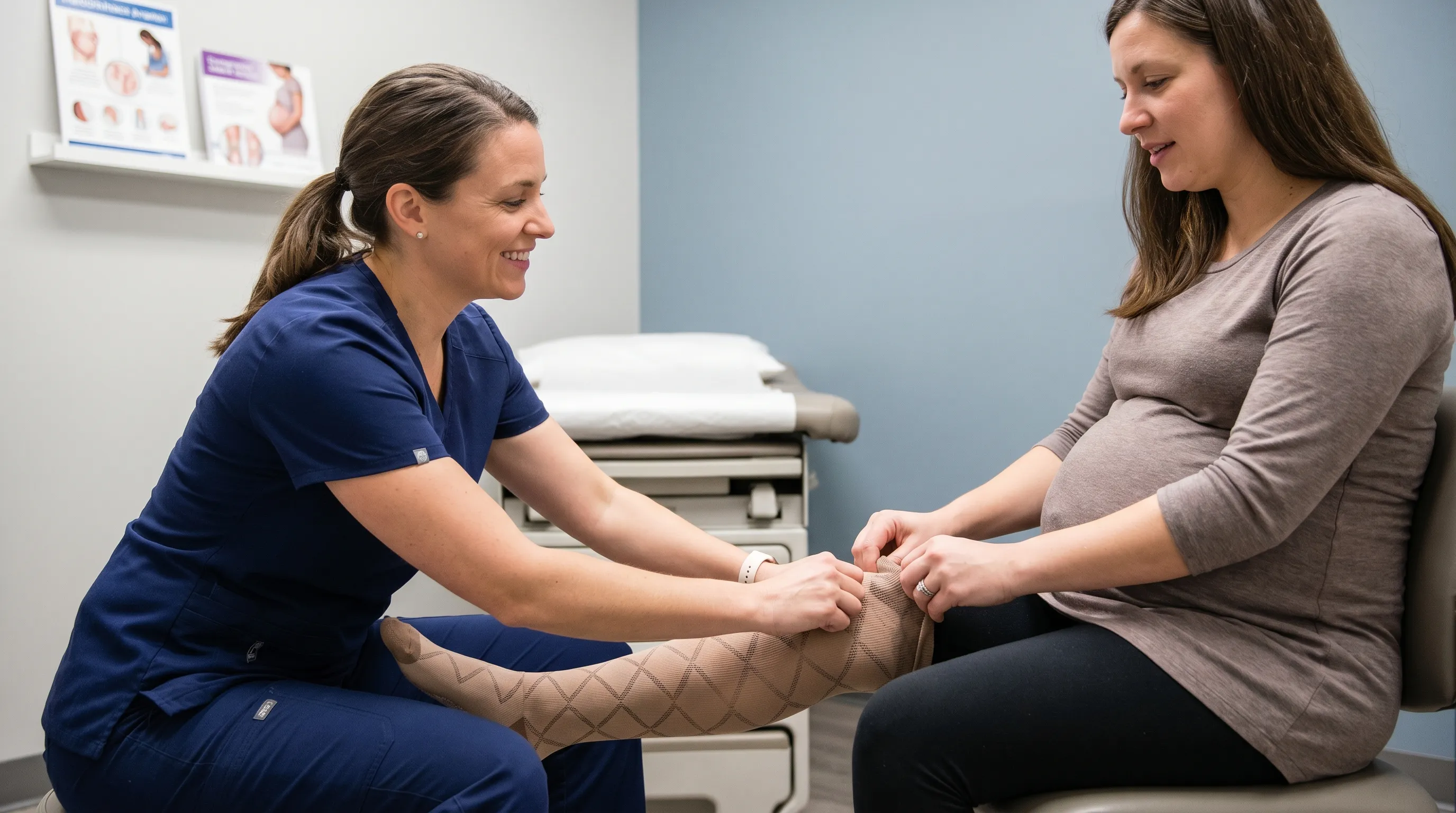 A healthcare provider in scrubs demonstrating proper compression sock application to a seated third-trimester pregnant patient in a bright clinical consultation room, soft gray and blue background tones, educational lifestyle photography
