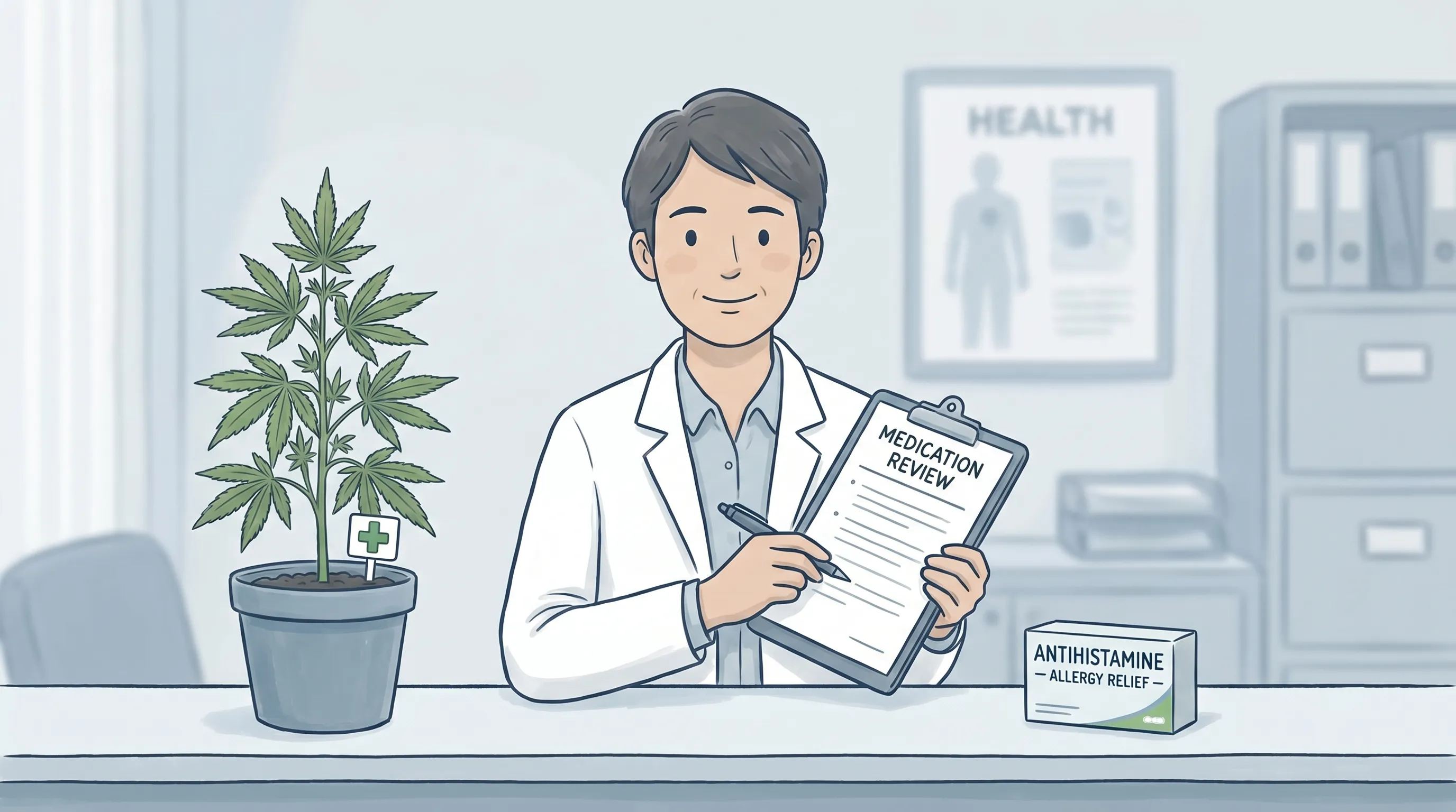 descriptive alt text showing a pharmacist reviewing medication safety information with a patient, emphasizing responsible drug education