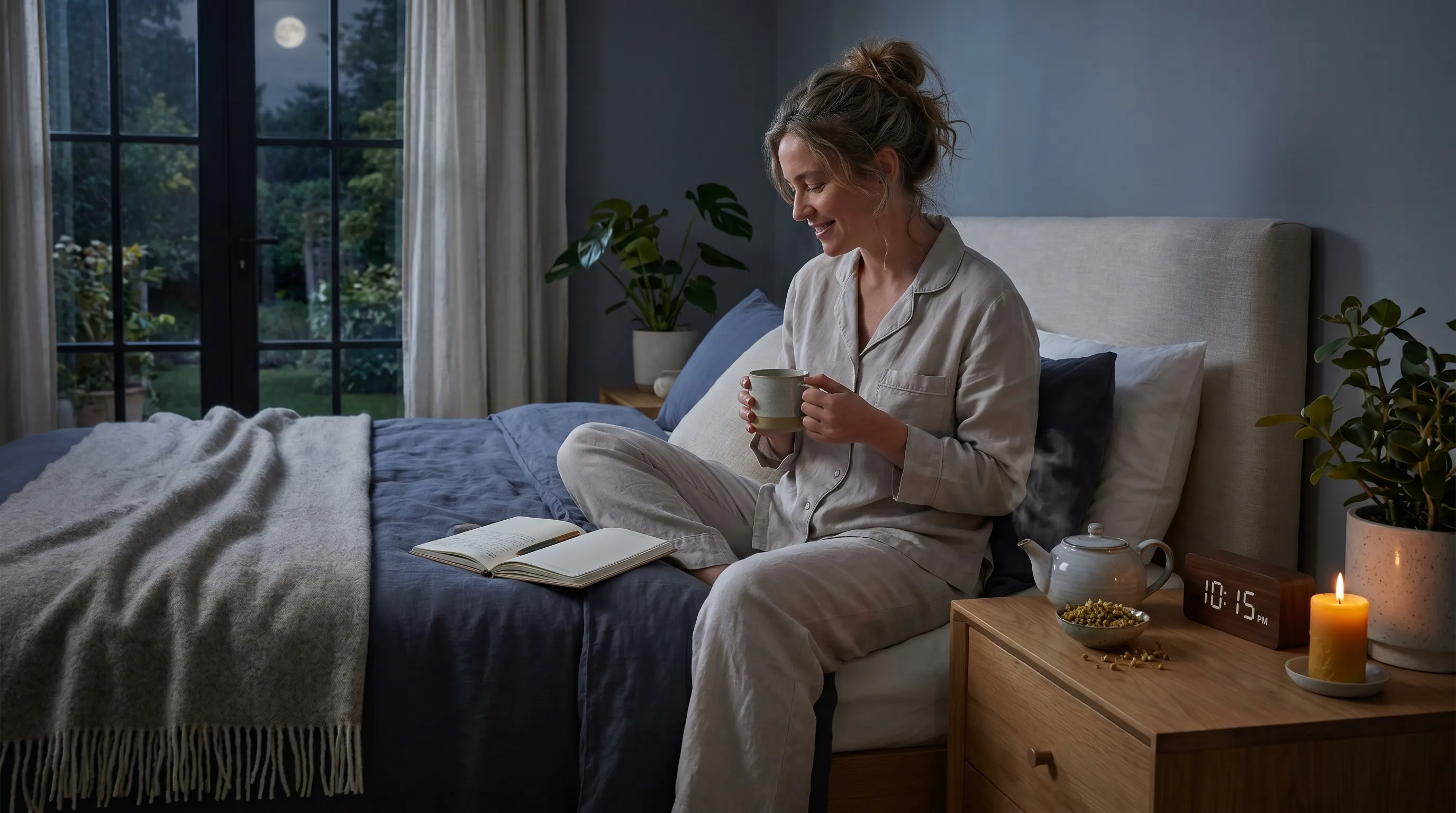 descriptive alt text depicting a calm, well-lit bedroom with a journal, natural supplements, and a sleep-friendly environment emphasizing healthy rest routines