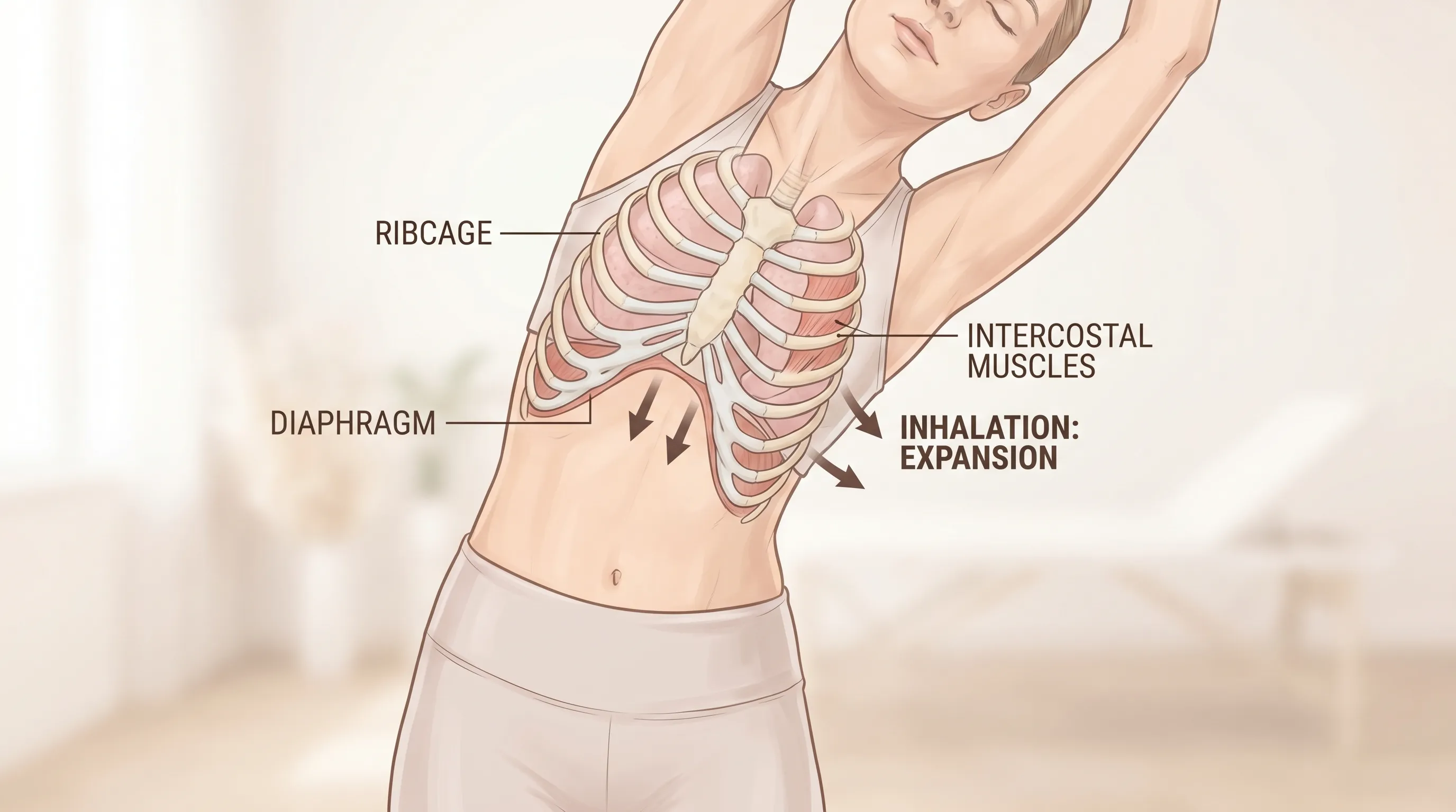 Close-up medical illustration of chest anatomy highlighting intercostal muscles and pectoral region during light stretching