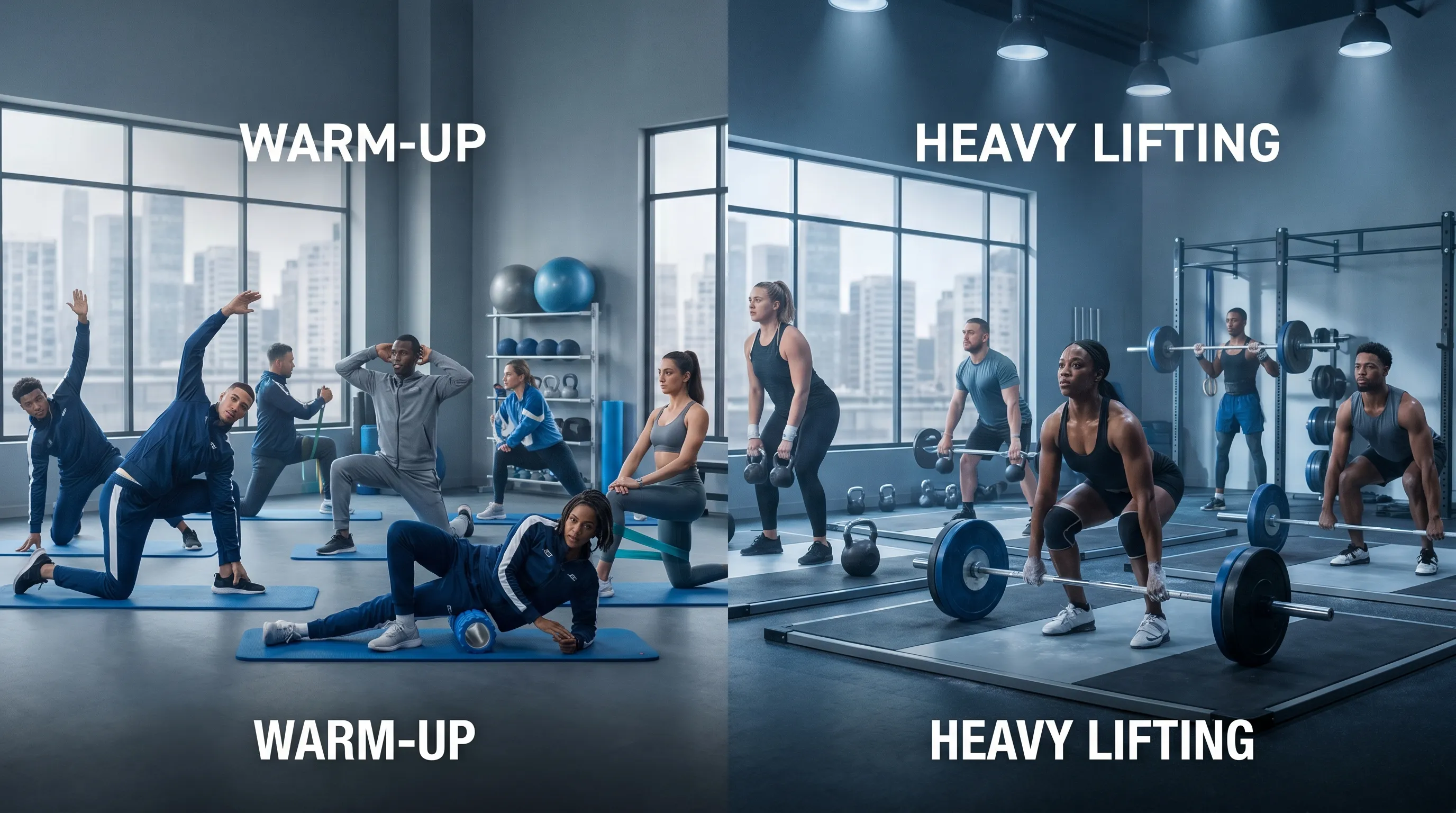 Split-screen fitness setup showing proper dynamic warm-up versus high-intensity heavy lifting with cool gray tones