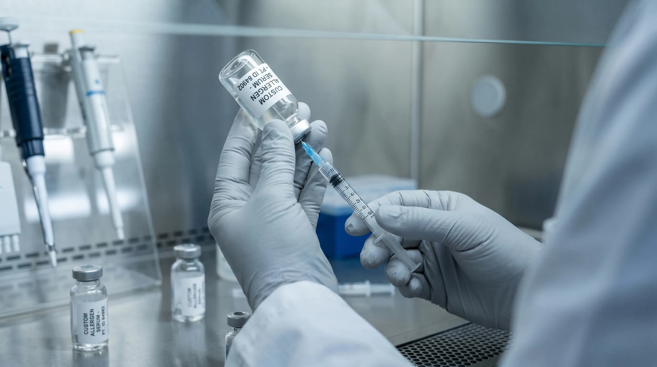 Clinician preparing custom allergen serum vials in a sterile clinical environment