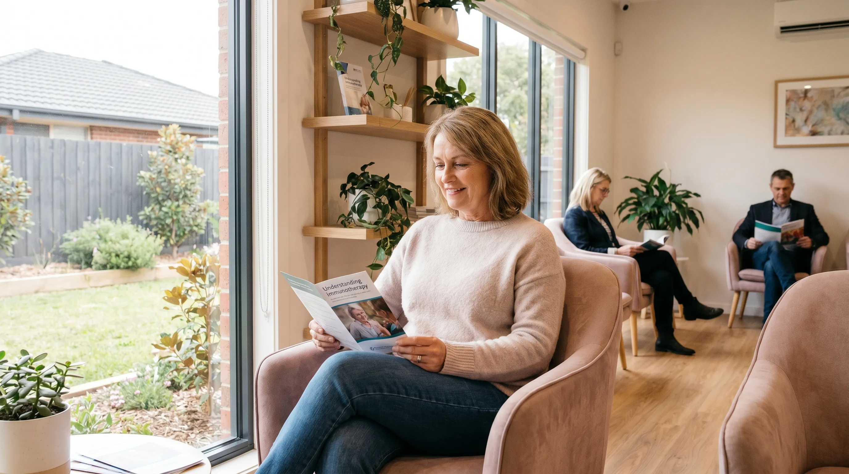 Patient waiting comfortably in a modern allergy clinic after receiving immunotherapy
