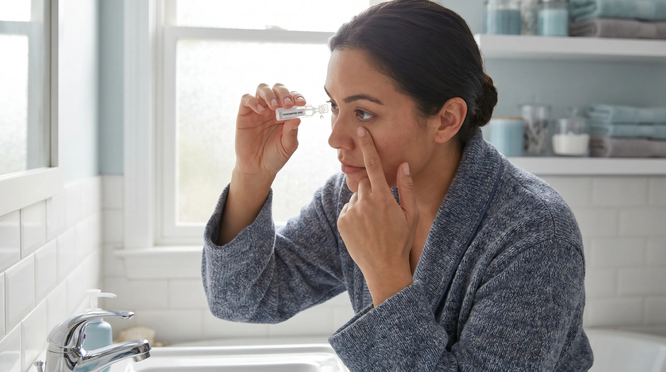 A patient carefully applying preservative-free lubricating eye drops in a well-lit bathroom, focusing on proper hand placement and gentle technique, soft gray and blue tones, clinical yet comforting style