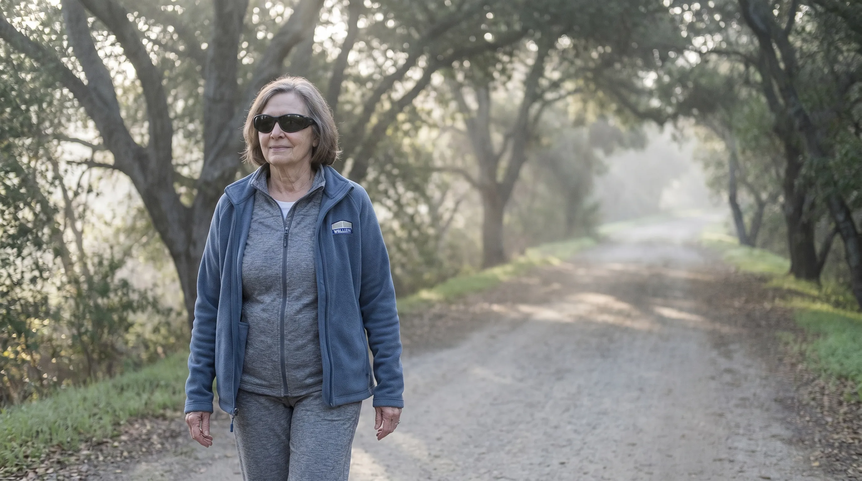 A serene morning outdoor scene with a patient wearing protective wraparound sunglasses, walking along a tree-lined path with soft natural lighting, emphasizing UV protection and post-surgical comfort, lifestyle wellness aesthetic
