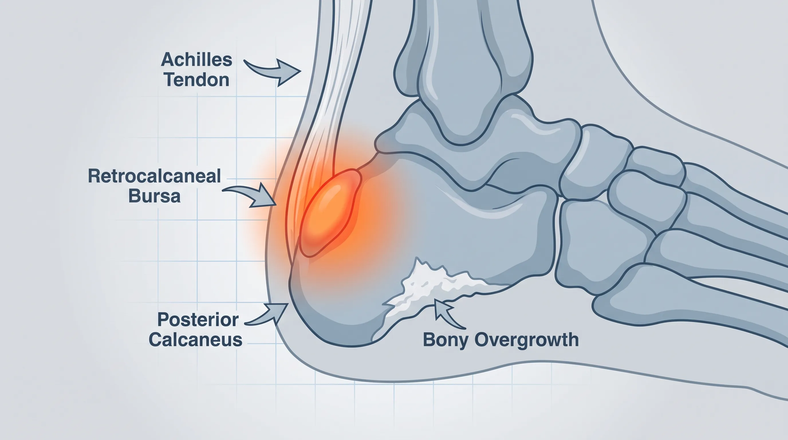 Close-up clinical illustration showing the posterior calcaneus bone, the retrocalcaneal bursa, and the Achilles tendon insertion point, with highlighted areas indicating inflammation and bony overgrowth