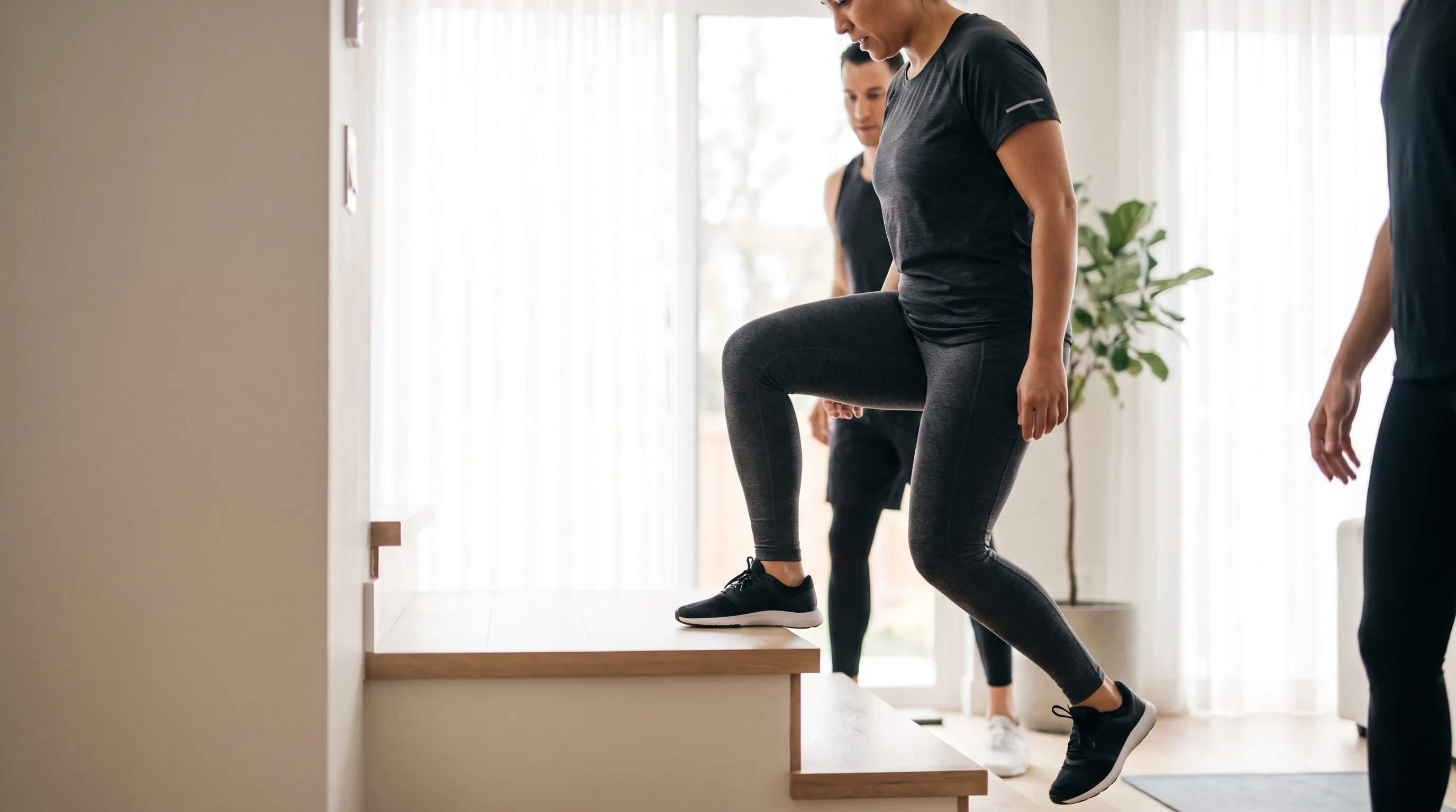 Person in athletic wear performing a slow, controlled eccentric calf drop on a stair step edge, demonstrating proper rehabilitation technique for Achilles and heel flexibility