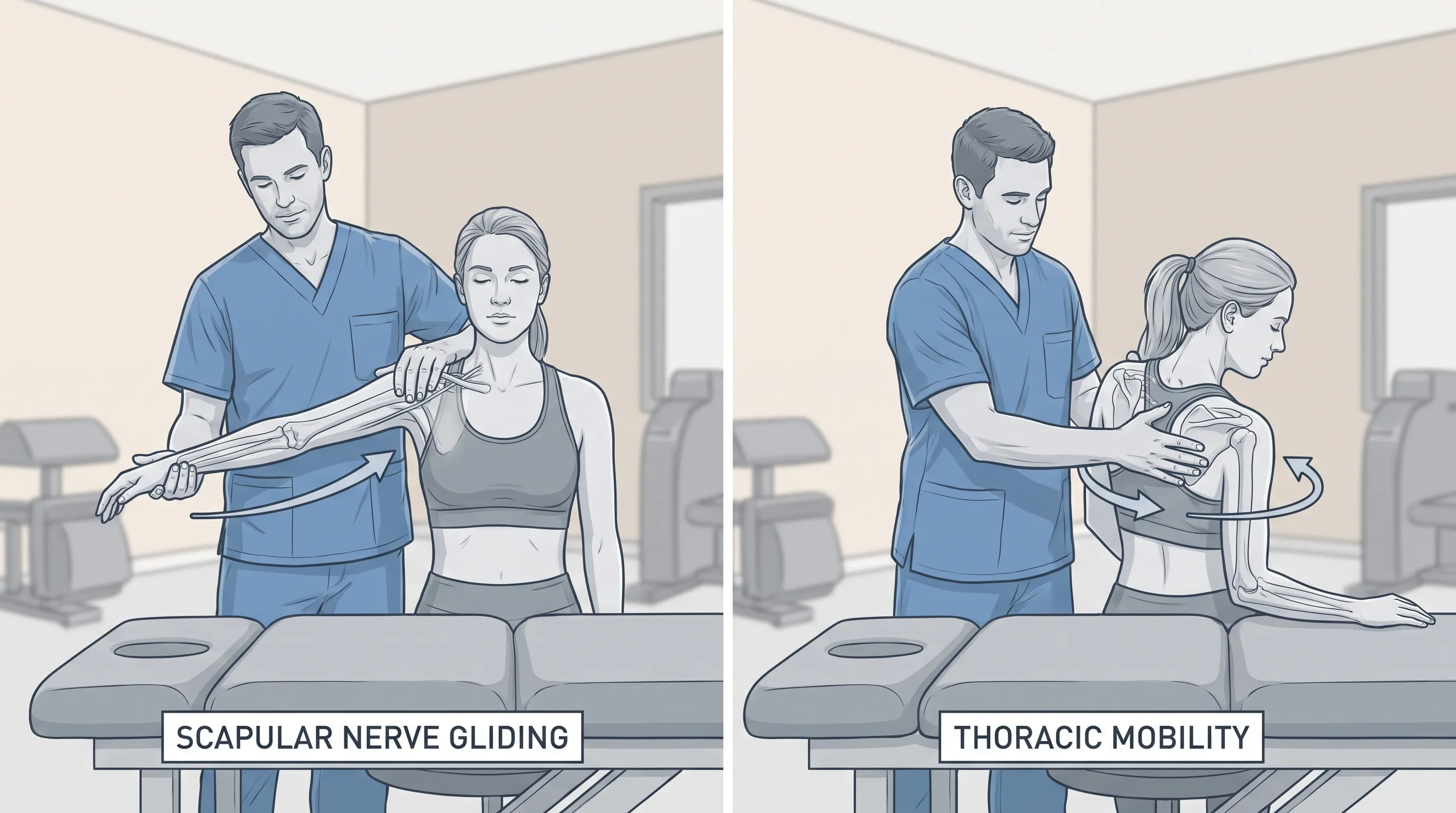 Physical therapist demonstrating precise scapular nerve gliding techniques and controlled thoracic mobility exercises on a clinical treatment table