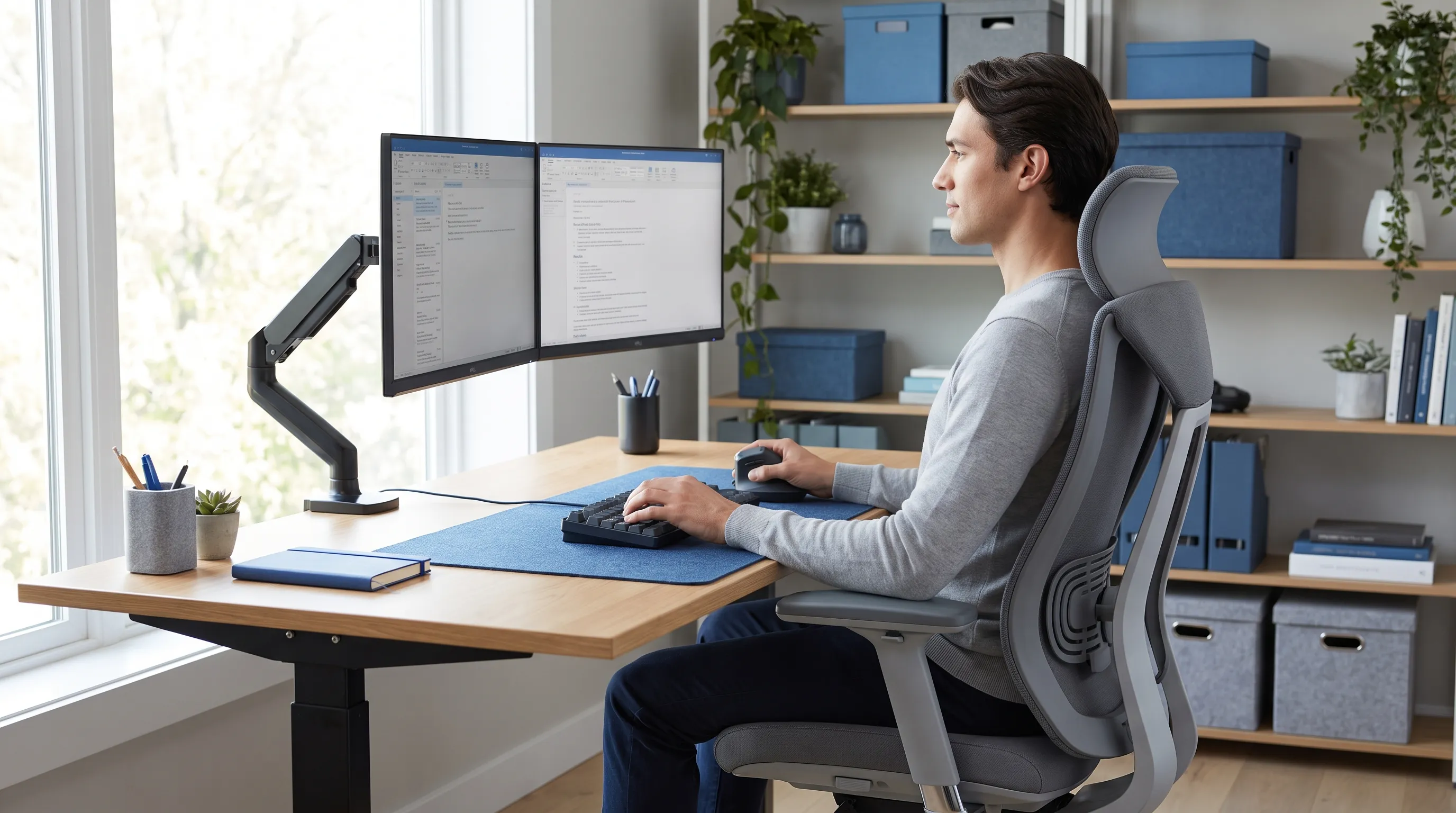 Modern ergonomic home office workspace demonstrating proper monitor height, adjustable lumbar chair, and neutral spine alignment to prevent scapular nerve compression