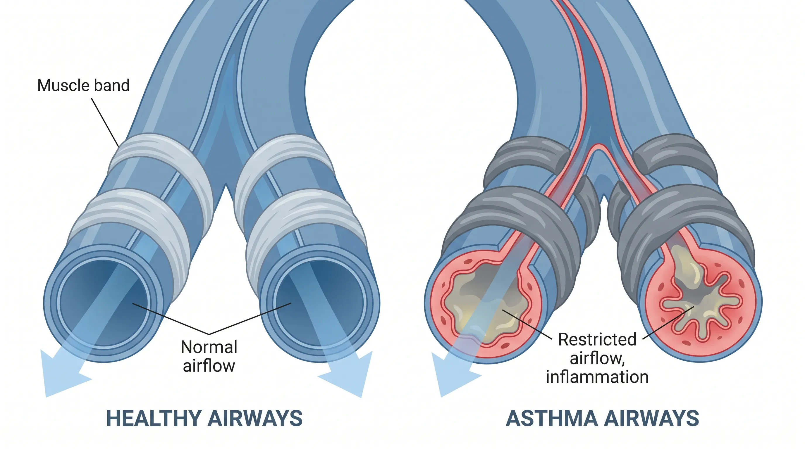 A detailed medical illustration showing healthy airways alongside inflamed, constricted asthma airways with mucus buildup, using clean blue and gray clinical tones for educational clarity