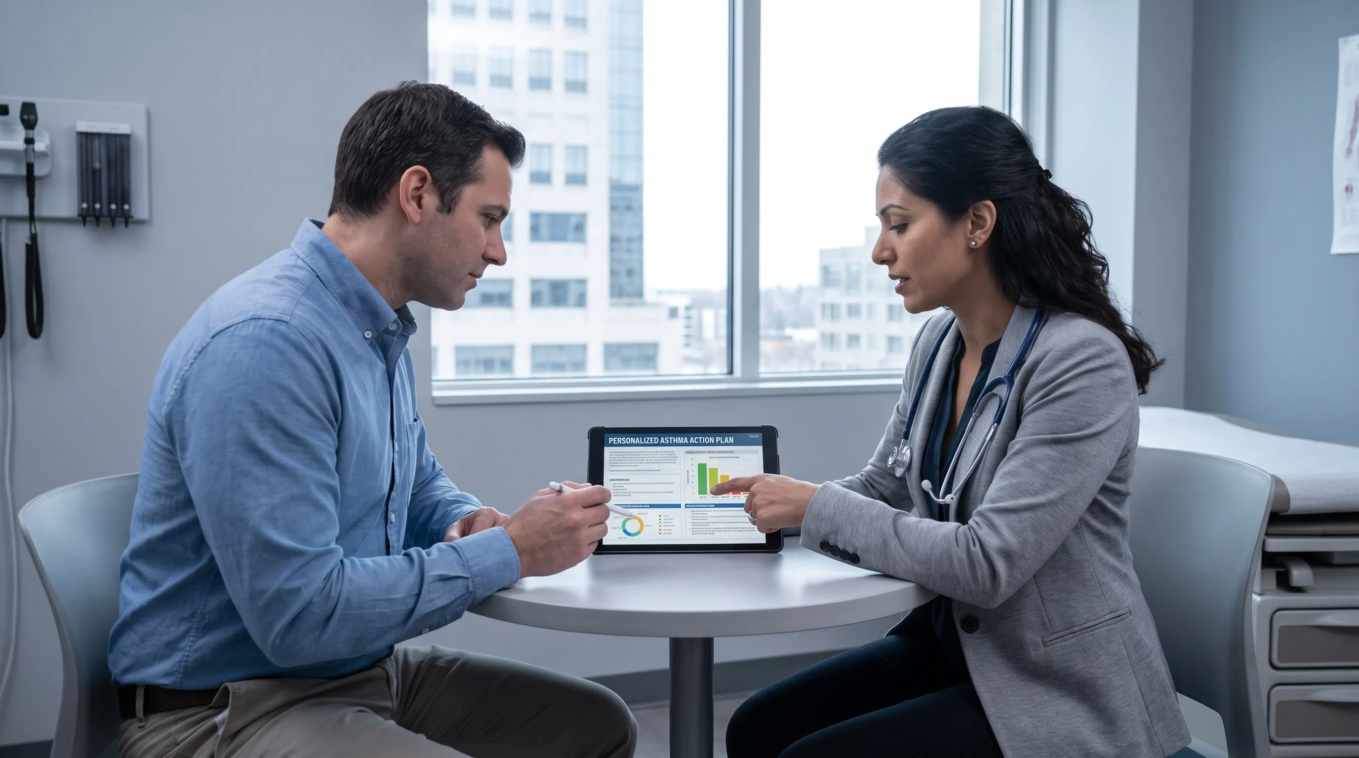 A modern healthcare consultation scene showing a patient reviewing a personalized asthma action plan with a physician in a bright, professional clinic environment, gray and blue color grading