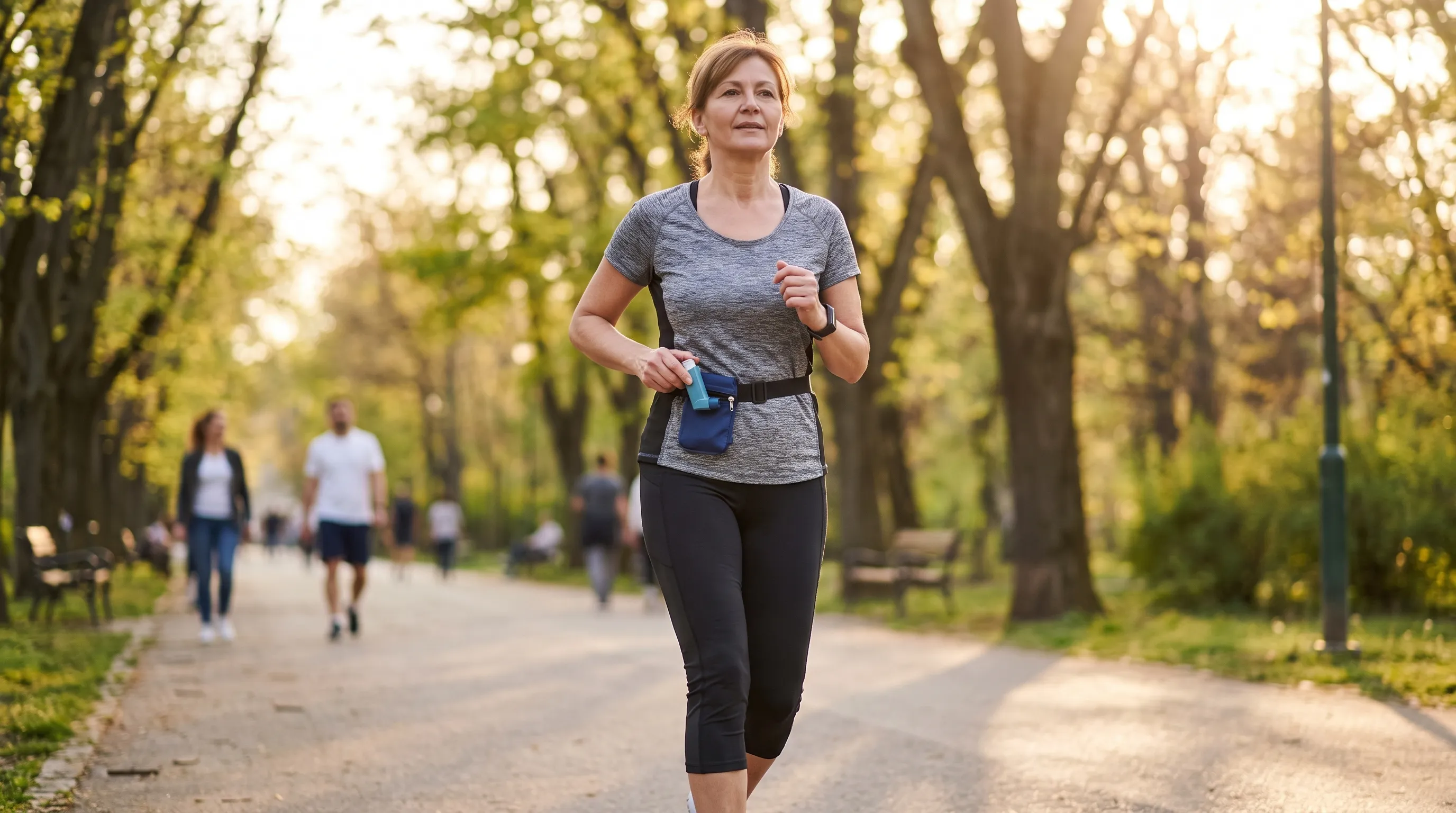 A lifestyle photography shot of an adult performing low-impact outdoor exercise like walking in a park while carrying a rescue inhaler, emphasizing active chronic disease management in soft daylight tones