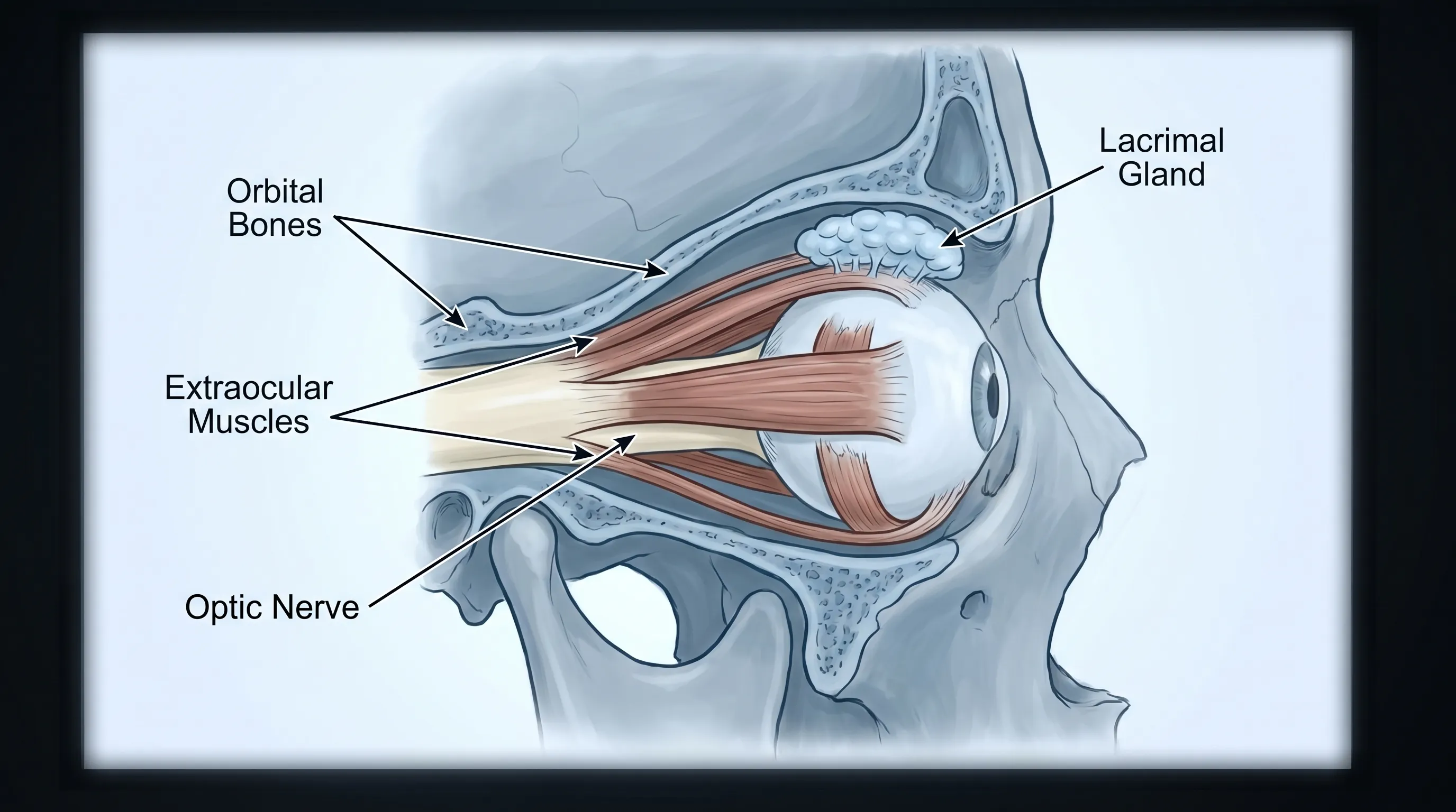 Close-up illustration of the bony orbit and surrounding tissues