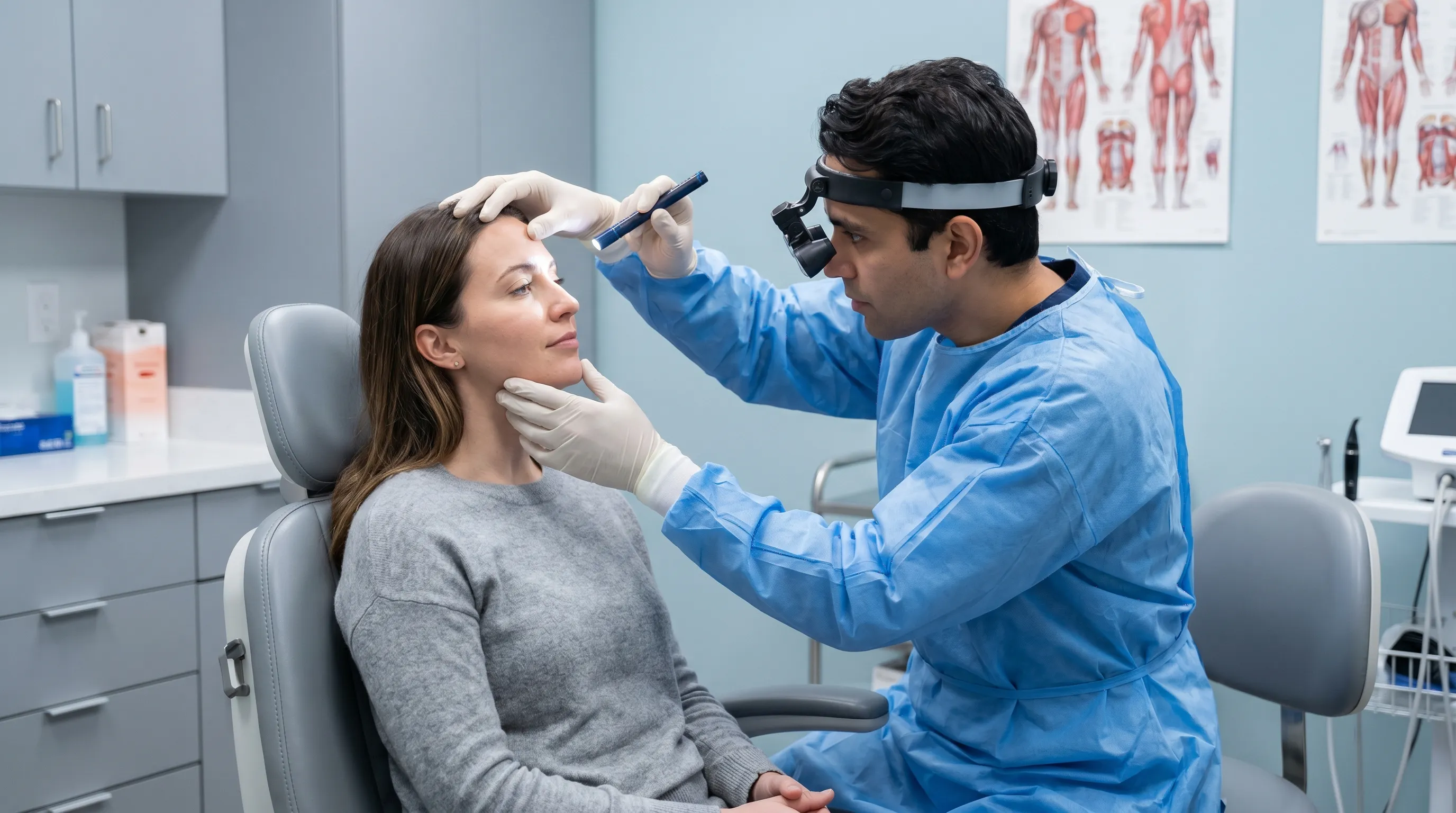 Doctor performing a clinical eye examination in a modern clinic