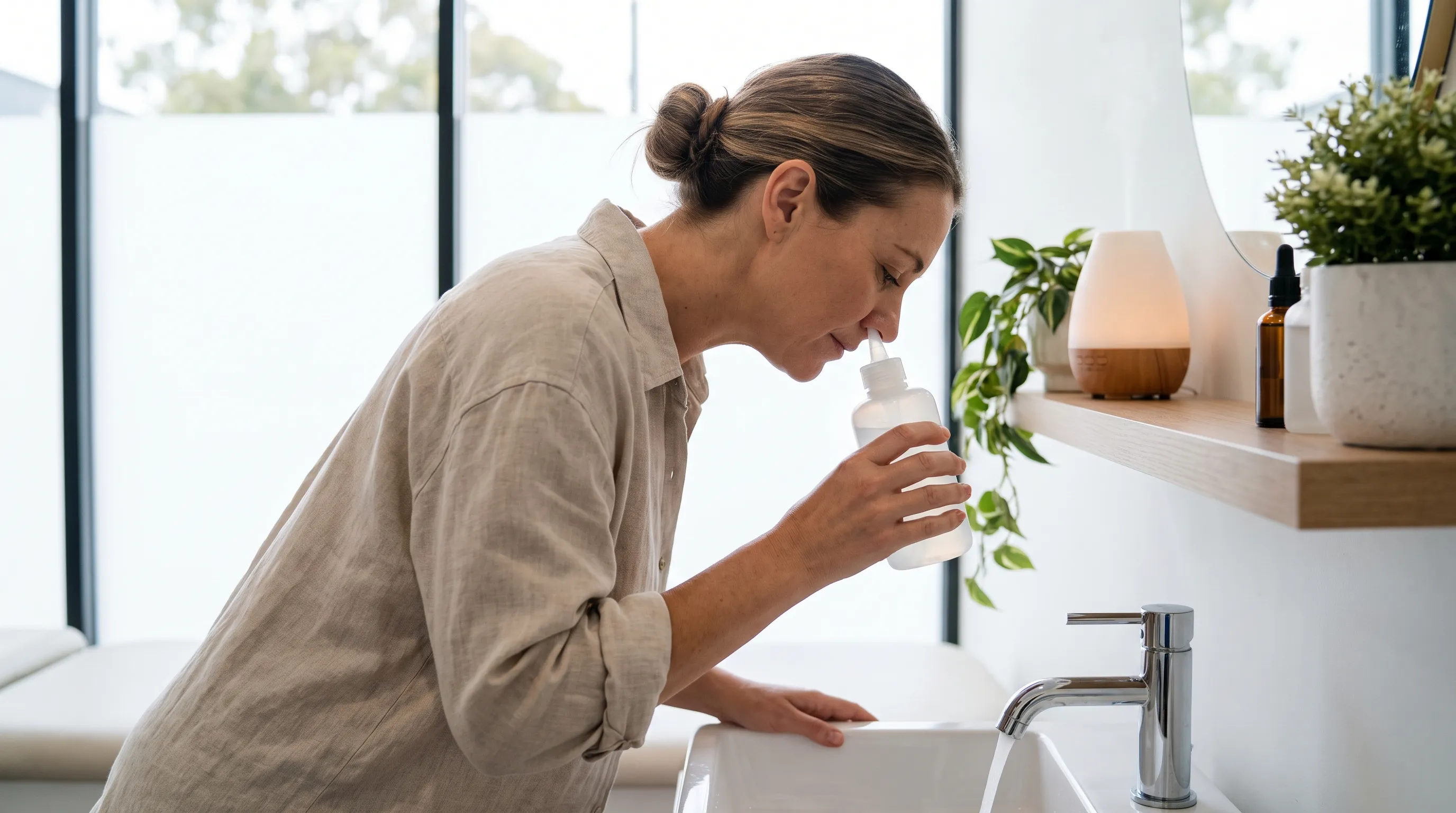 Paciente usando irrigação nasal com solução salina para alívio da tuba auditiva