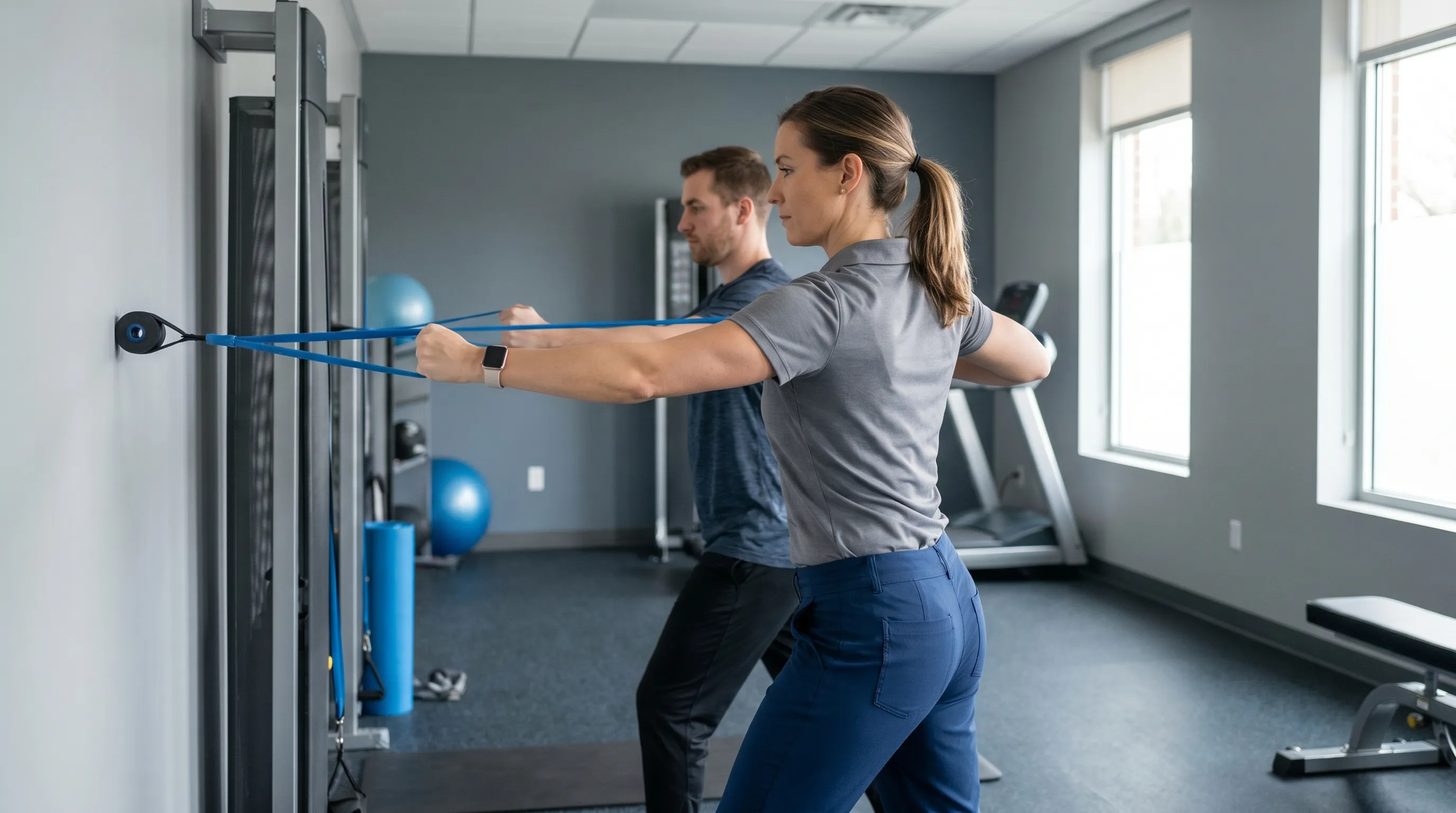 A physical therapist demonstrating proper scapular stabilization exercises using resistance bands, focused posture, clinical gym environment, professional health photography style, gray and blue tones, 4:3 ratio