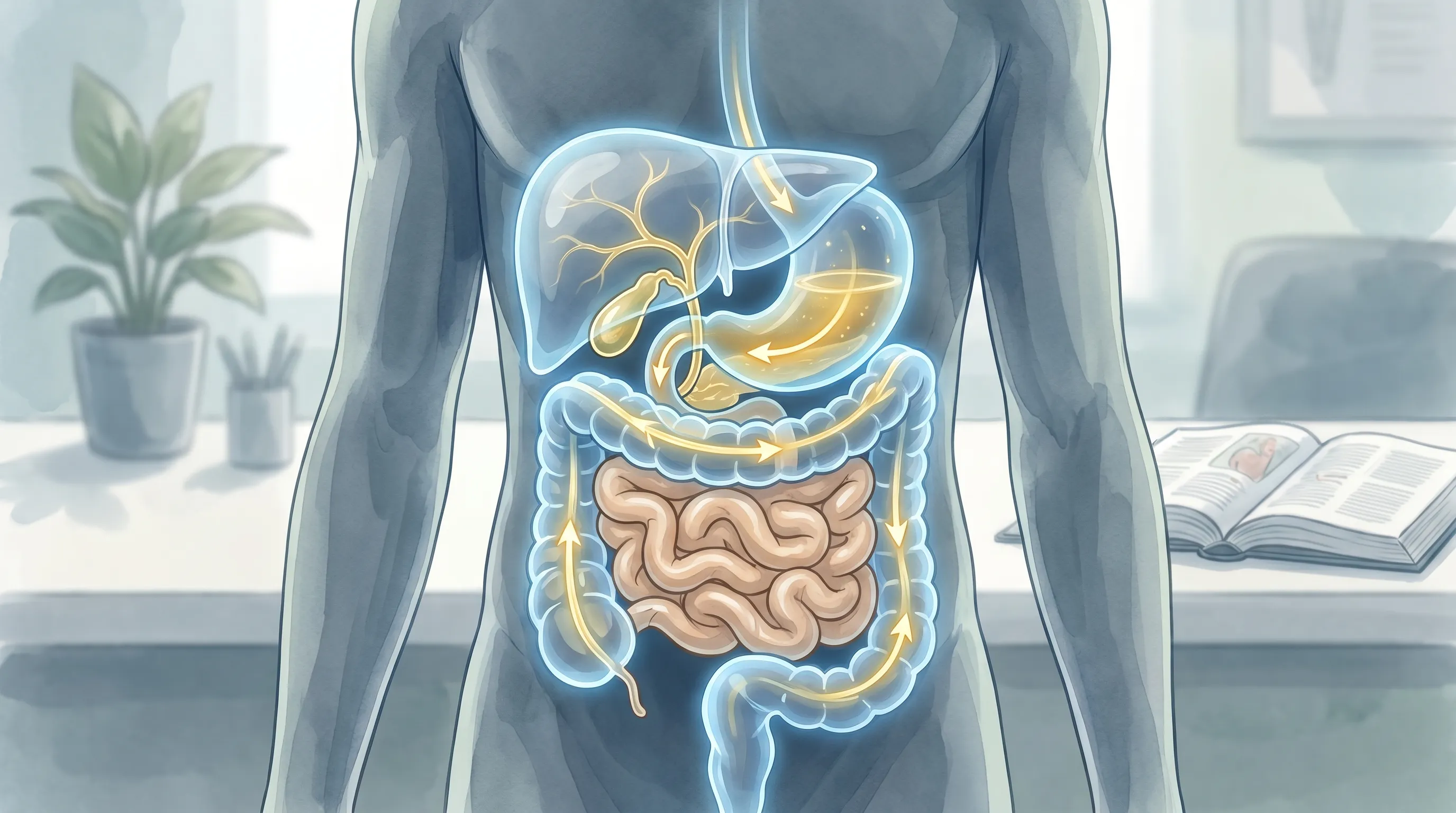 Anatomical illustration highlighting the hepatobiliary system with emphasis on bile flow from the liver through the gallbladder to the duodenum, displayed in a clean clinical layout with blue and gray tones.