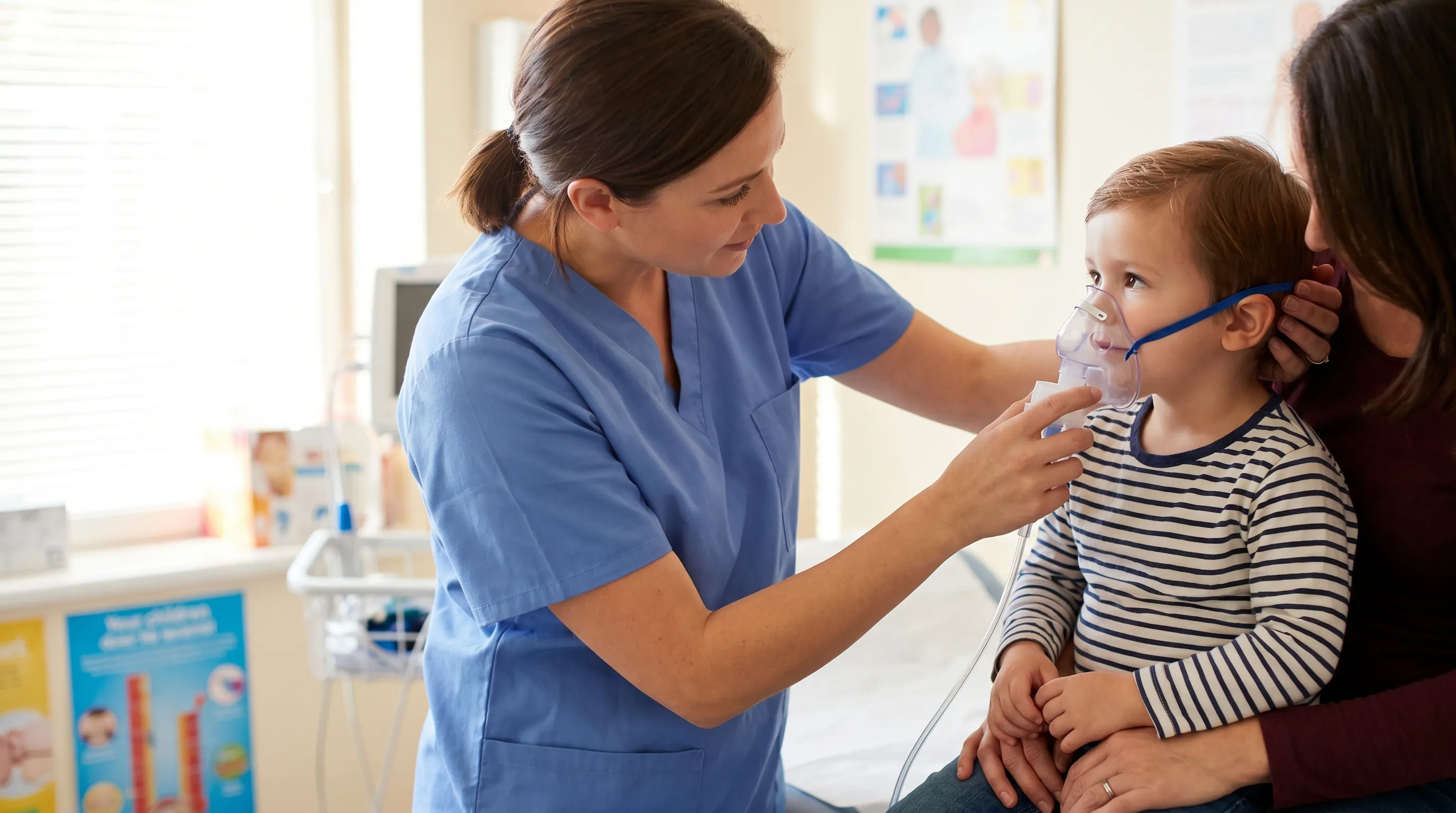 A healthcare professional demonstrating proper pediatric nebulizer mask placement on a calm child, emphasizing comfort and secure fitting, clinical setting with soft lighting