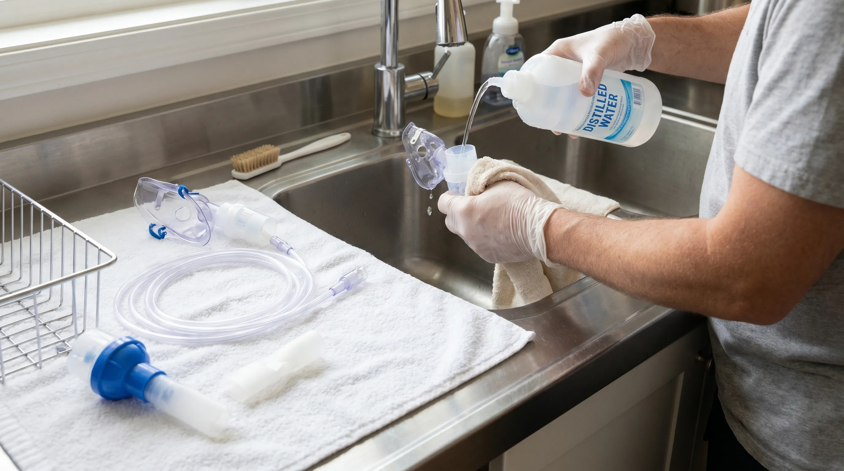 An adult carefully cleaning and drying nebulizer components with distilled water on a hygienic counter surface, organized and methodical process