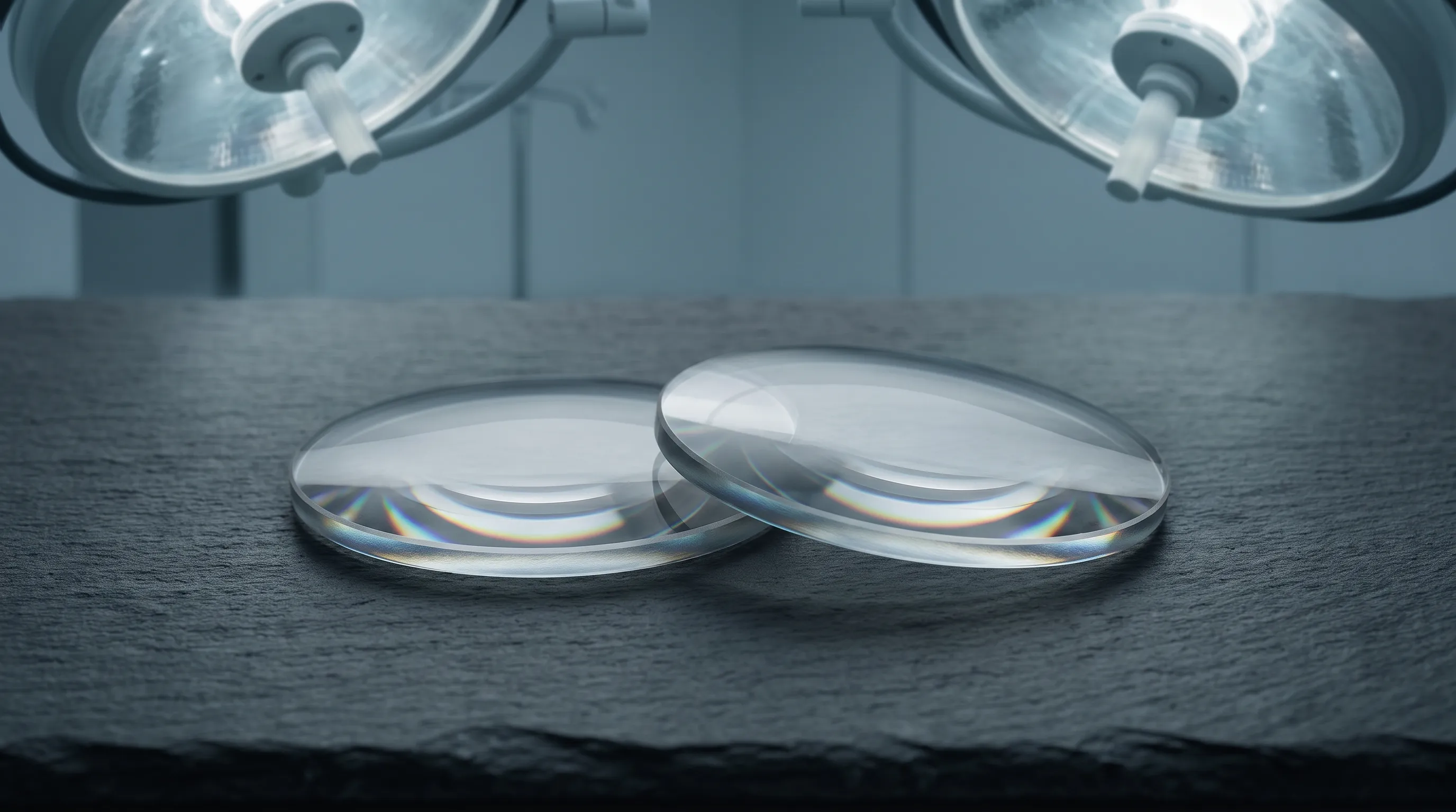 Close-up medical photography of a pair of clear eyeglass lenses with subtle prismatic refraction, placed on a dark slate table with a clinical lighting setup, professional health photography, gray and blue tones, 4:3 ratio