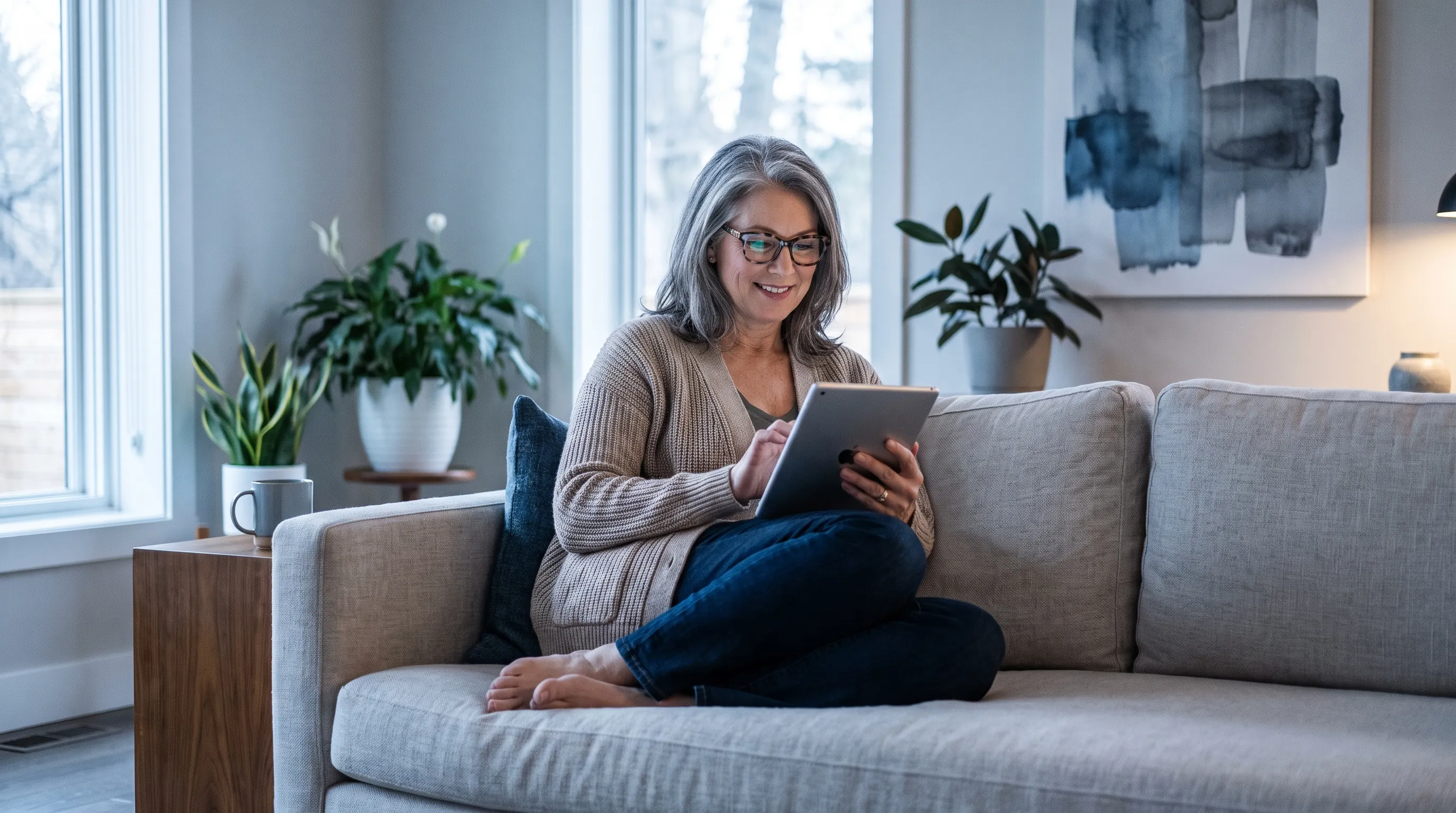 Lifestyle photo of a woman in her 50s wearing stylish glasses while reading a tablet in a softly lit modern living room, relaxed posture, professional wellness photography, cool gray and blue tones, 4:3 ratio