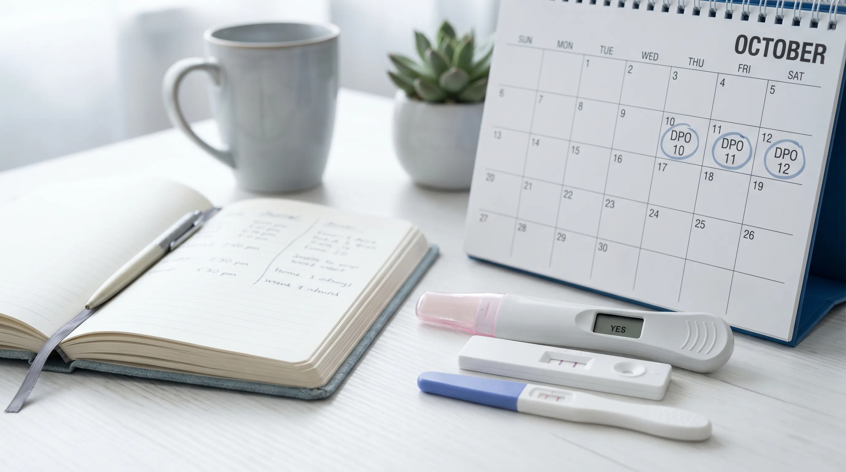 A clean, well-lit clinical or home desk setup showing three different home pregnancy test kits, a tracking journal, and a calendar with DPO days marked, shot in soft gray and blue tones, lifestyle medical photography style.