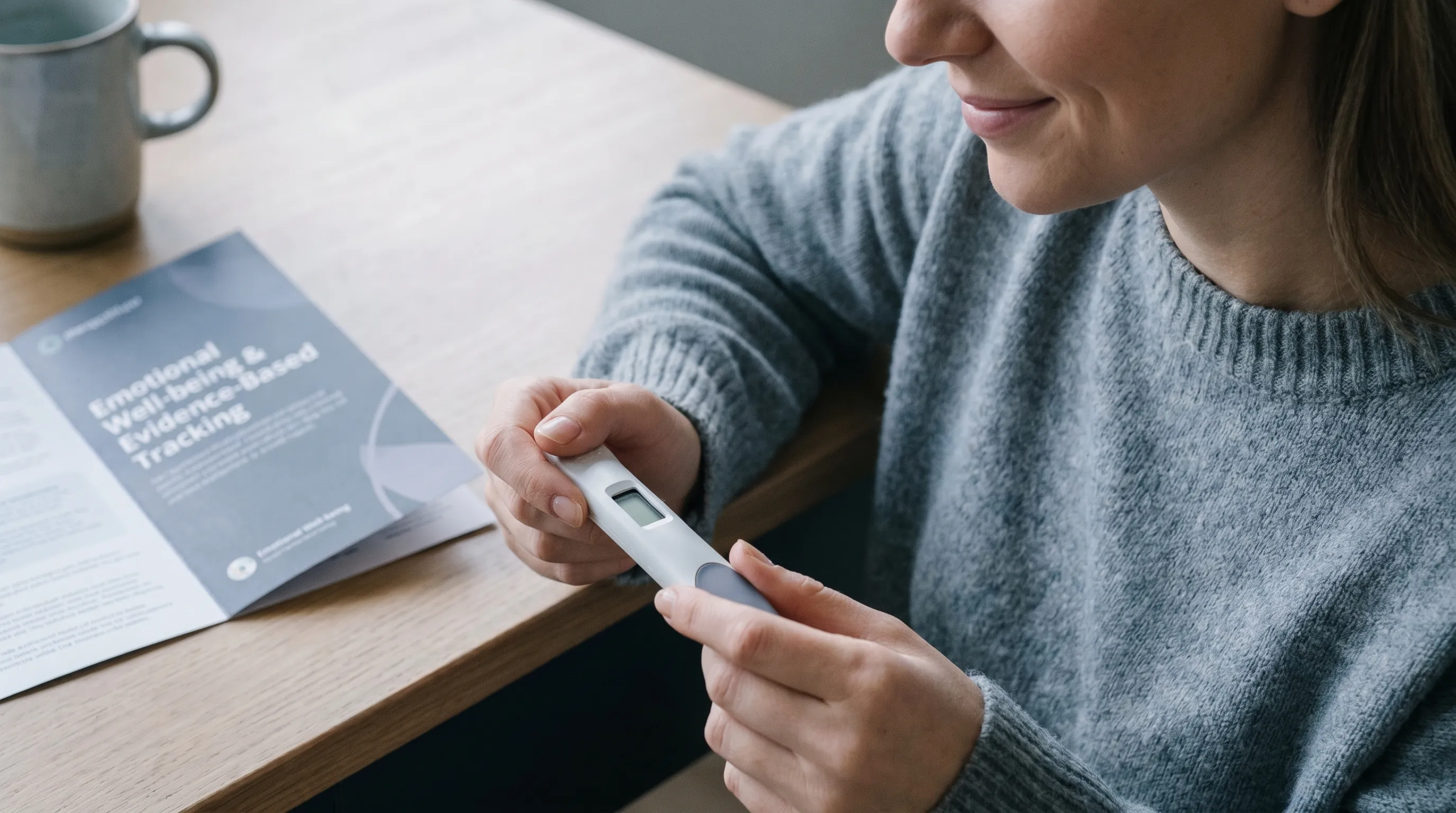 A close-up, professional lifestyle photo of a woman calmly reviewing a pregnancy test result with a supportive healthcare pamphlet in the background, emphasizing emotional well-being and evidence-based tracking, 4:3 aspect ratio, gray-blue palette.